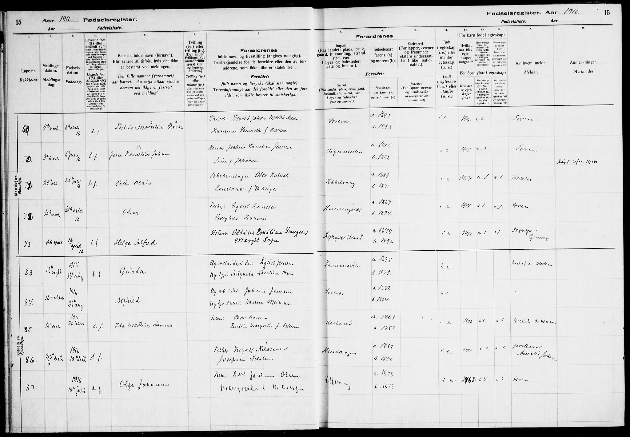 Ministerialprotokoller, klokkerbøker og fødselsregistre - Nordland, AV/SAT-A-1459/874/L1089: Fødselsregister nr. 874.II.4.1, 1916-1926, s. 15