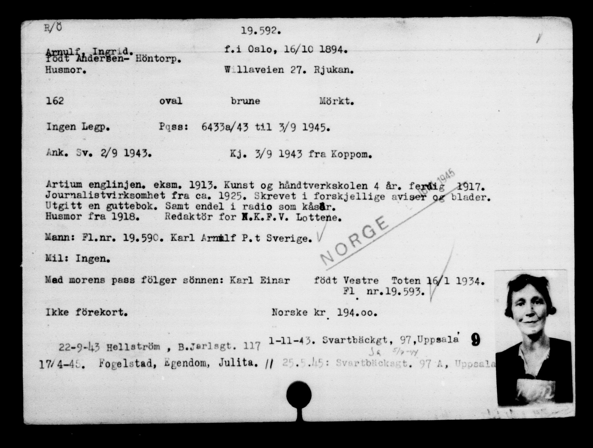 Utenriksstasjonene, Legasjonen i Stockholm, Flyktningkontoret, AV/RA-S-6753/V/Va/L0009: Kjesäterkartoteket, flyktninger med registreringsnr. 18502-22048, 1940-1945, s. 1244