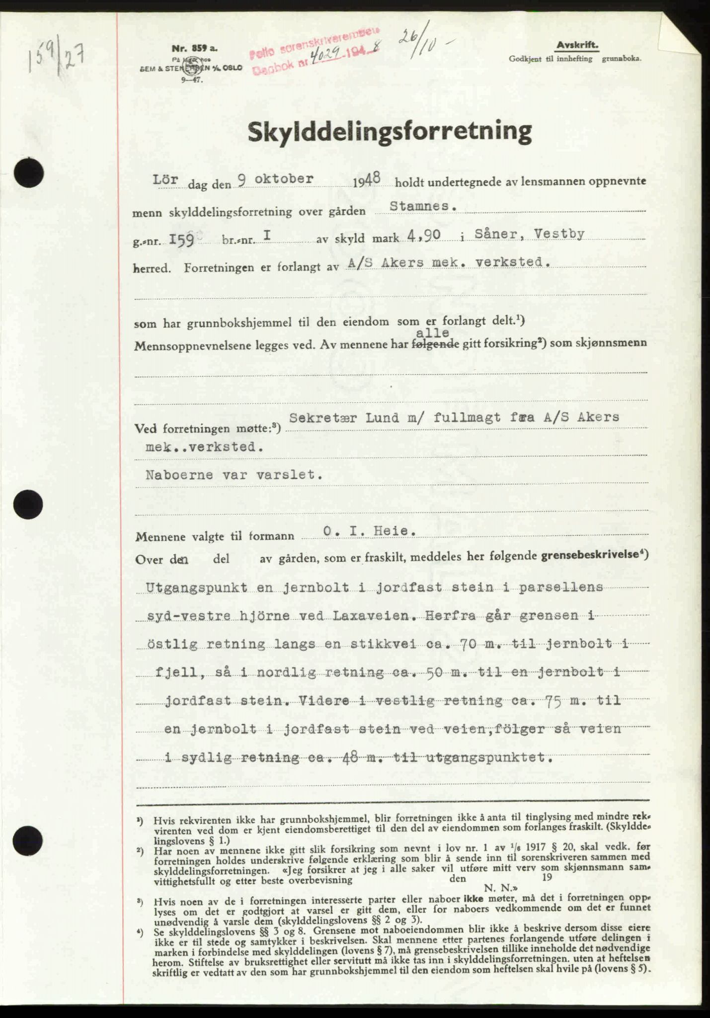 Follo sorenskriveri, SAO/A-10274/G/Ga/Gaa/L0085: Pantebok nr. I 85, 1948-1948, Dagboknr: 4029/1948