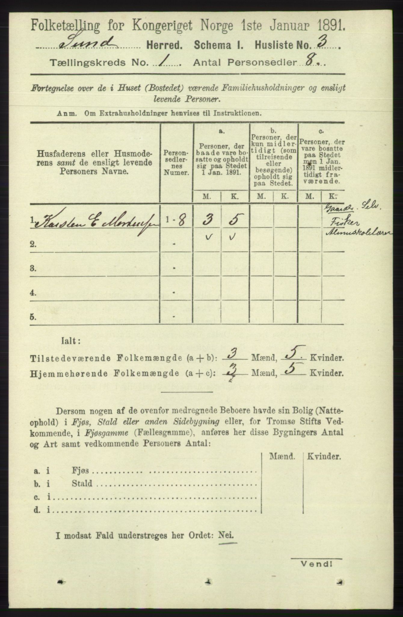 RA, Folketelling 1891 for 1245 Sund herred, 1891, s. 19