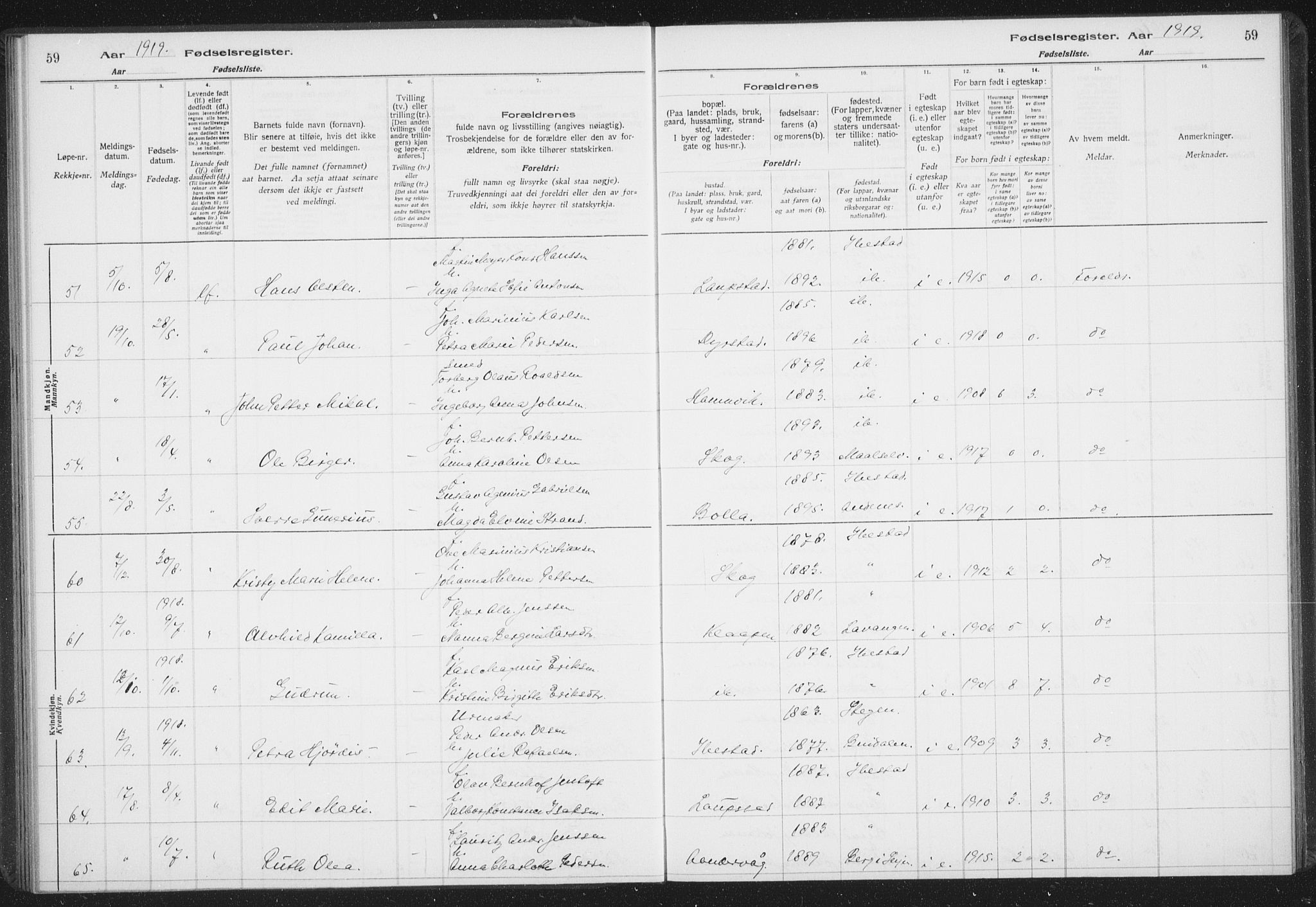 Ibestad sokneprestembete, AV/SATØ-S-0077/I/Ic/L0061: Fødselsregister nr. 61, 1917-1929, s. 59