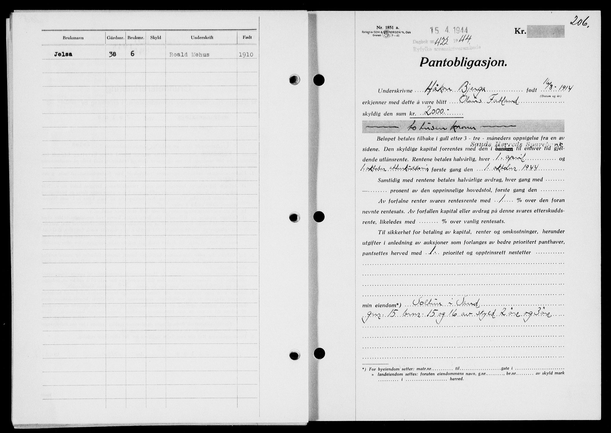 Ryfylke tingrett, SAST/A-100055/001/II/IIB/L0090: Pantebok nr. 69, 1943-1945, Dagboknr: 422/1944