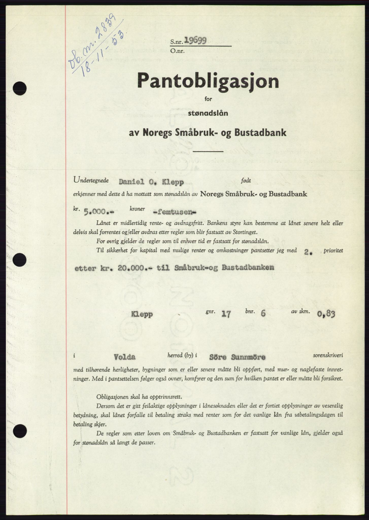 Søre Sunnmøre sorenskriveri, AV/SAT-A-4122/1/2/2C/L0124: Pantebok nr. 12B, 1953-1954, Dagboknr: 2839/1953