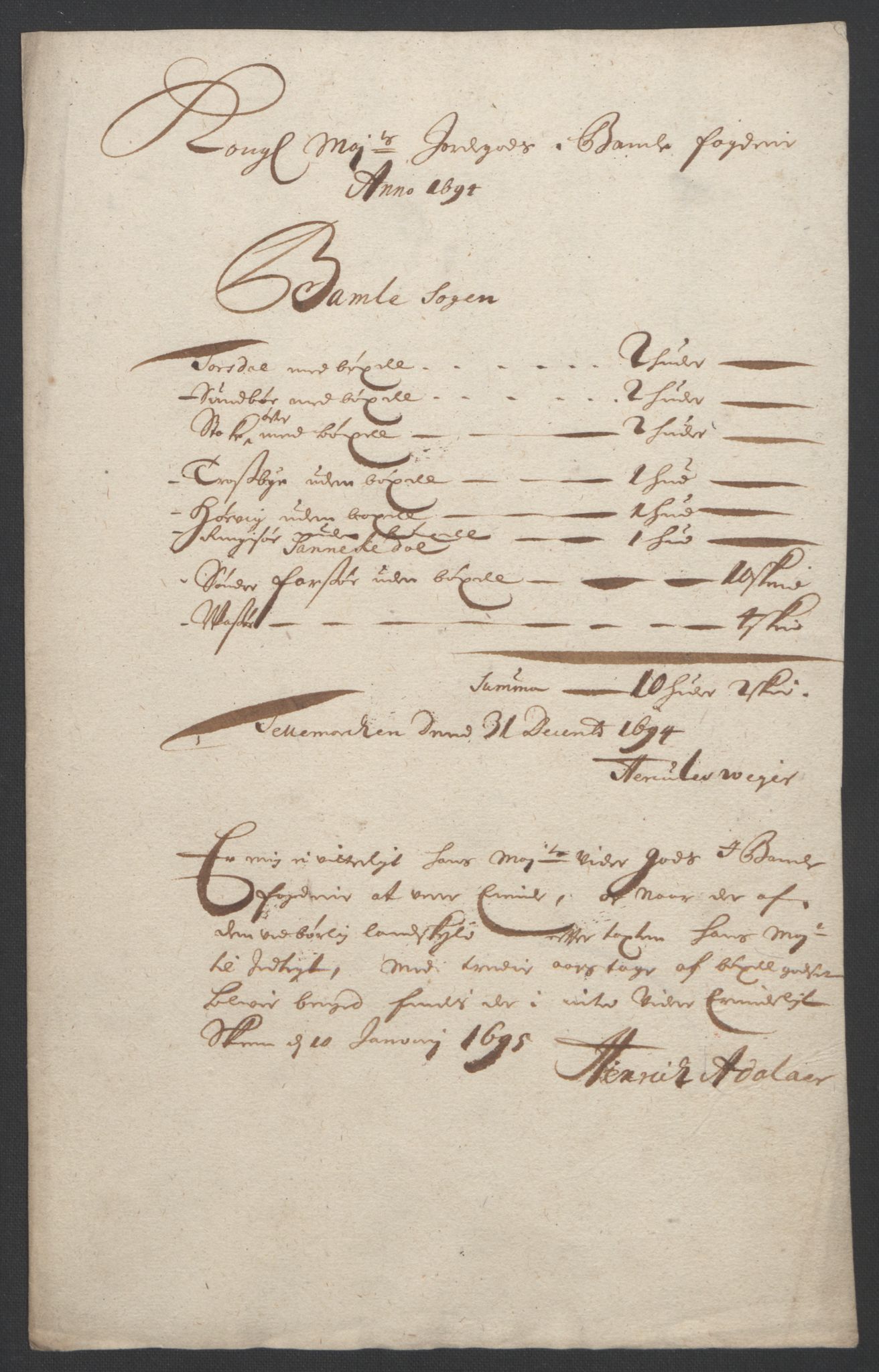 Rentekammeret inntil 1814, Reviderte regnskaper, Fogderegnskap, AV/RA-EA-4092/R36/L2093: Fogderegnskap Øvre og Nedre Telemark og Bamble, 1695, s. 336