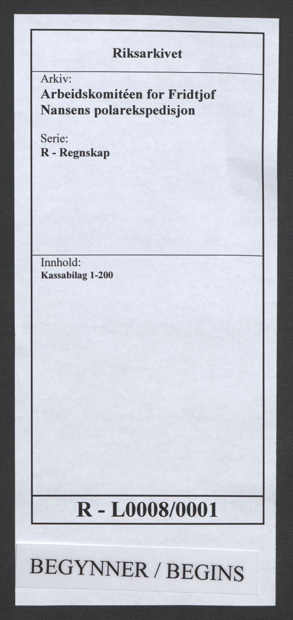 Arbeidskomitéen for Fridtjof Nansens polarekspedisjon, AV/RA-PA-0061/R/L0008/0001: Regnskapsbilag nr. 1-554 / Kassabilag 1-200, 1892-1893, s. 1