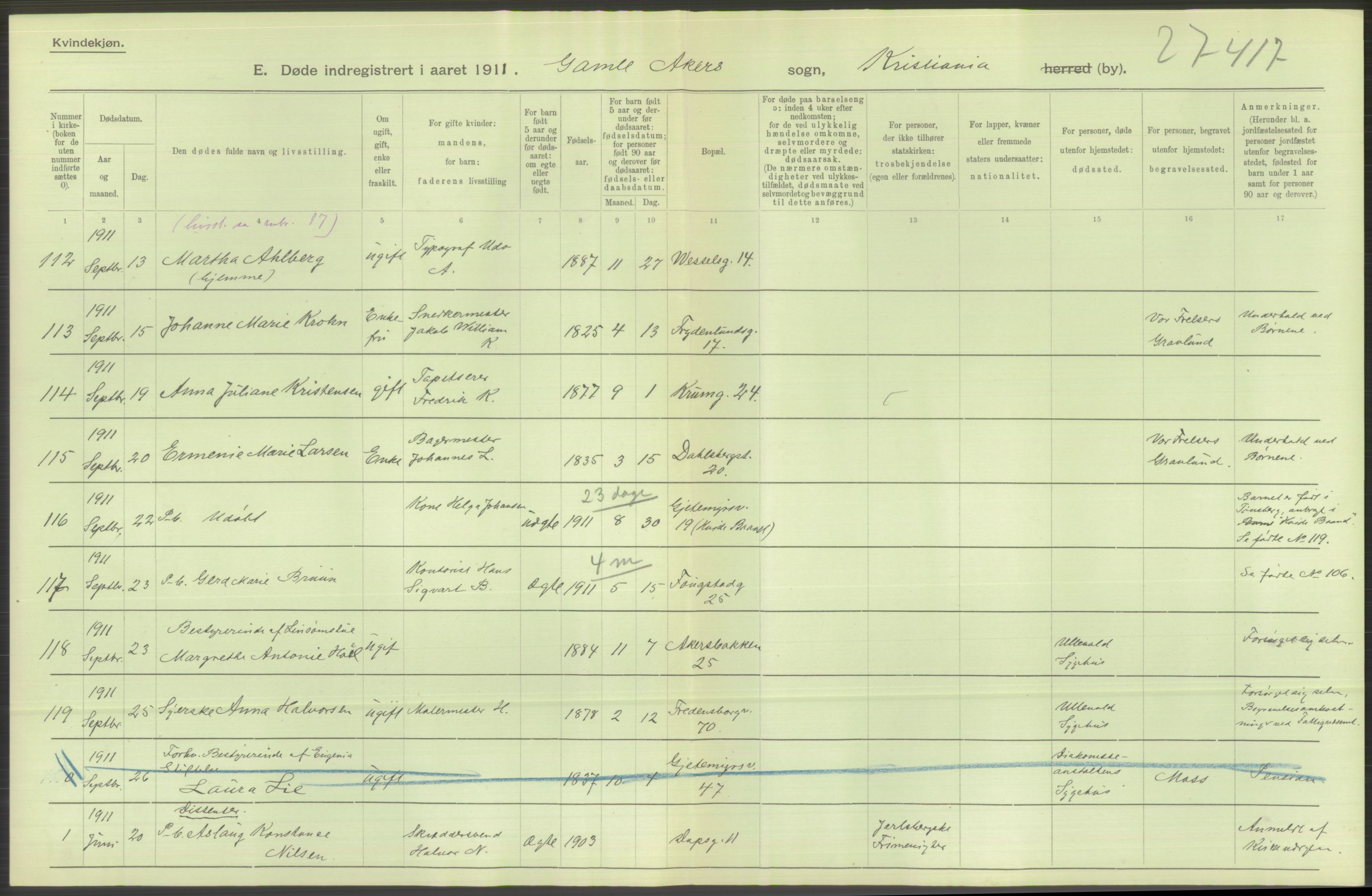 Statistisk sentralbyrå, Sosiodemografiske emner, Befolkning, AV/RA-S-2228/D/Df/Dfb/Dfba/L0010: Kristiania: Døde kvinner samt dødfødte., 1911, s. 550