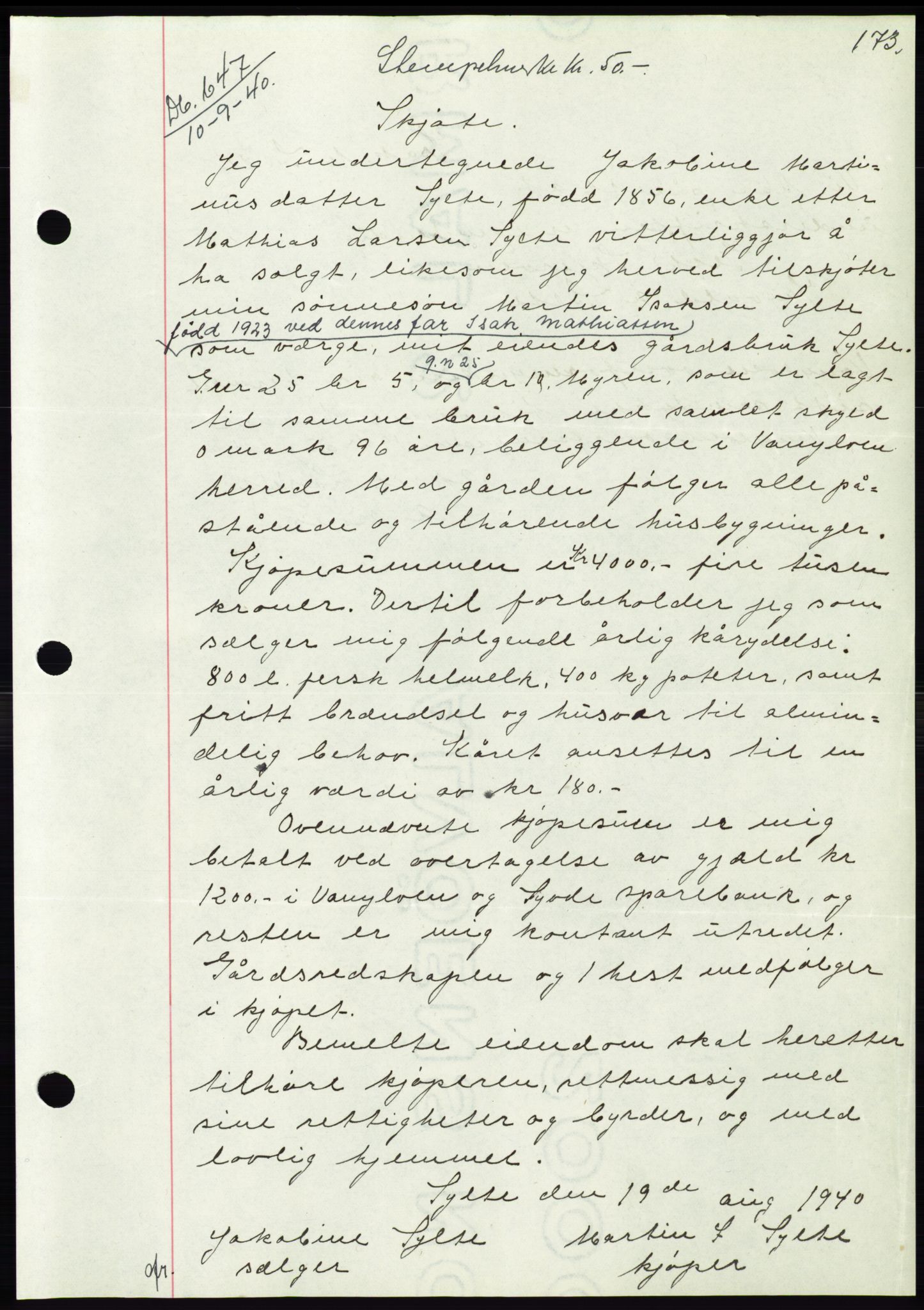 Søre Sunnmøre sorenskriveri, AV/SAT-A-4122/1/2/2C/L0070: Pantebok nr. 64, 1940-1941, Dagboknr: 647/1940