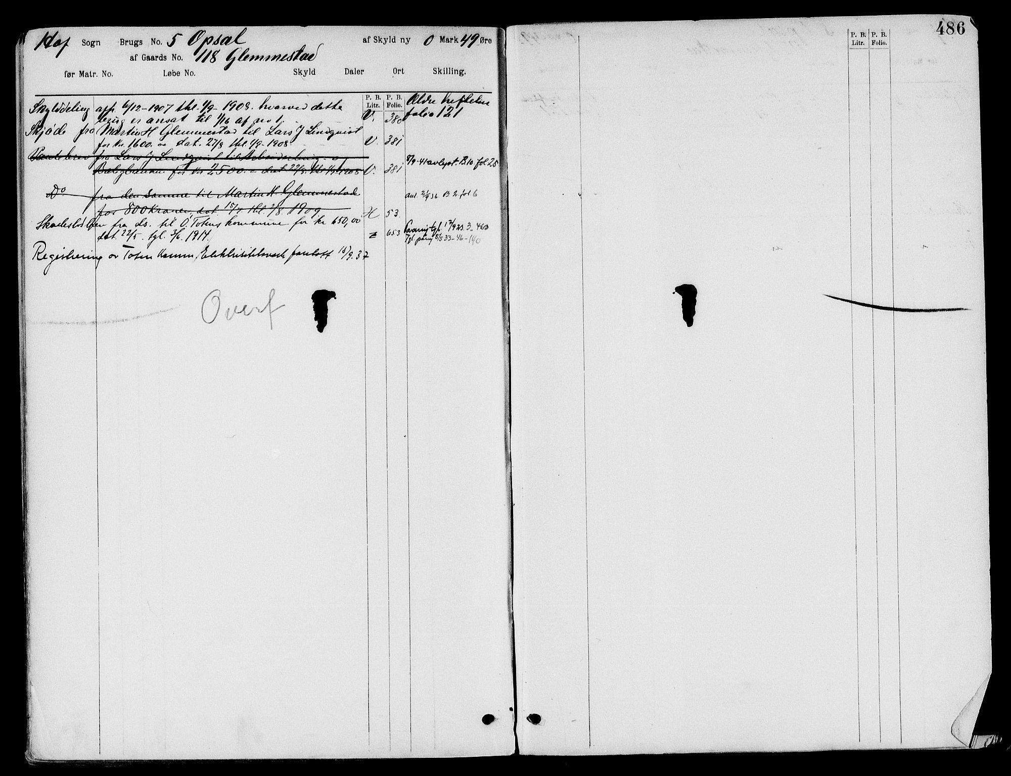 Toten tingrett, SAH/TING-006/H/Ha/Haa/L0032: Panteregister nr. 32, 1908, s. 486