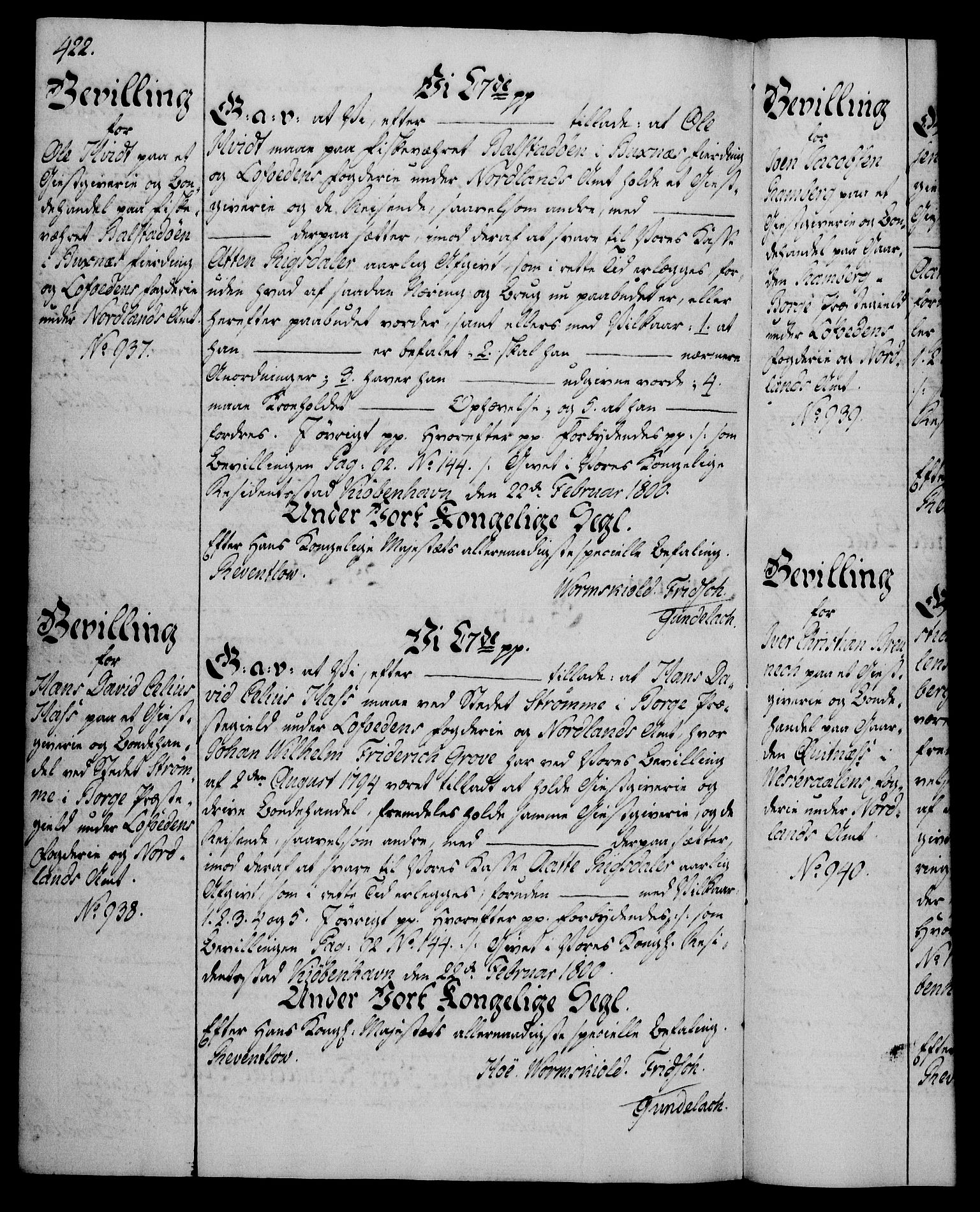 Rentekammeret, Kammerkanselliet, RA/EA-3111/G/Gg/Gga/L0016: Norsk ekspedisjonsprotokoll med register (merket RK 53.16), 1794-1800, s. 422