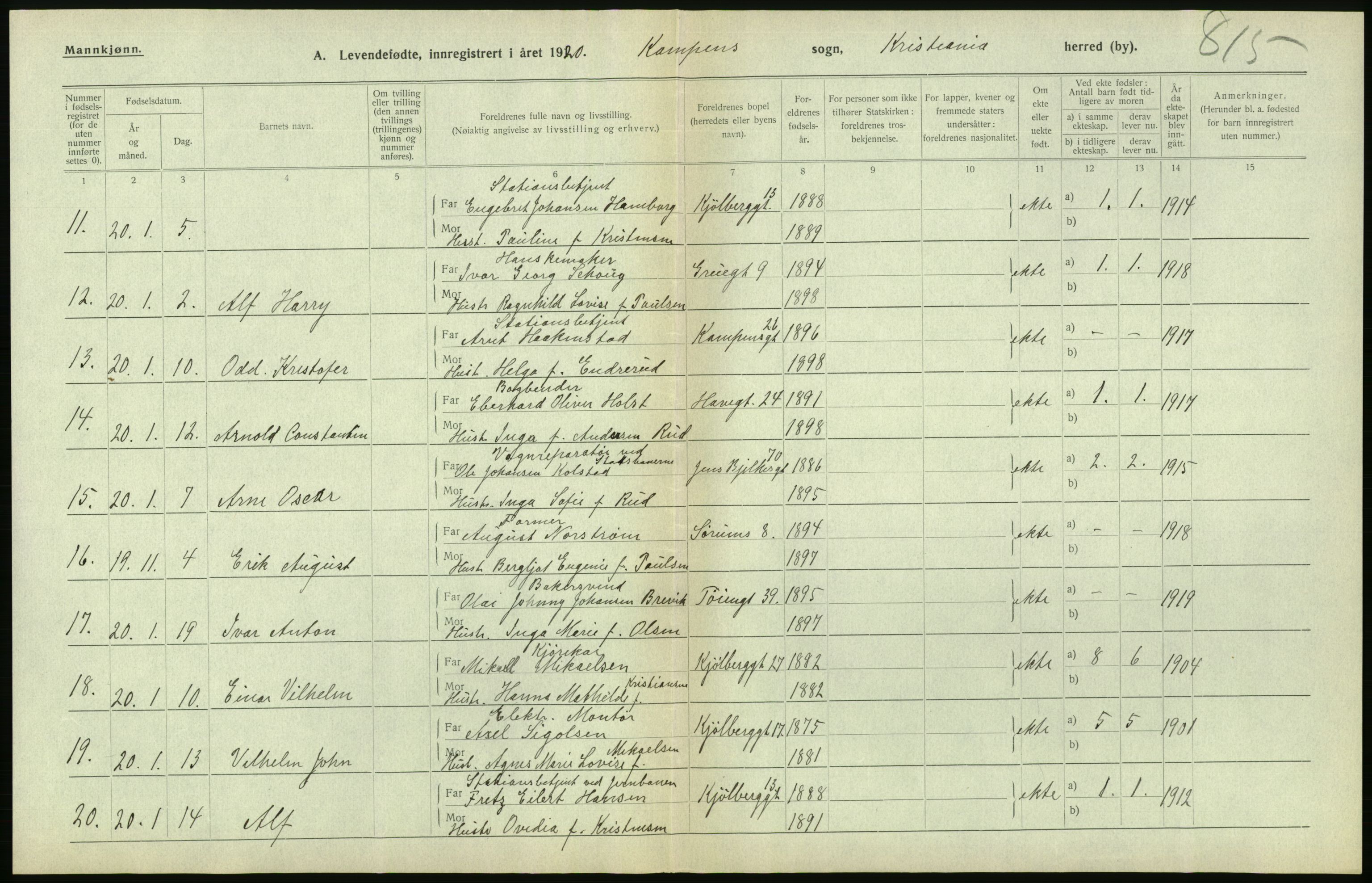 Statistisk sentralbyrå, Sosiodemografiske emner, Befolkning, AV/RA-S-2228/D/Df/Dfb/Dfbj/L0008: Kristiania: Levendefødte menn og kvinner., 1920, s. 186