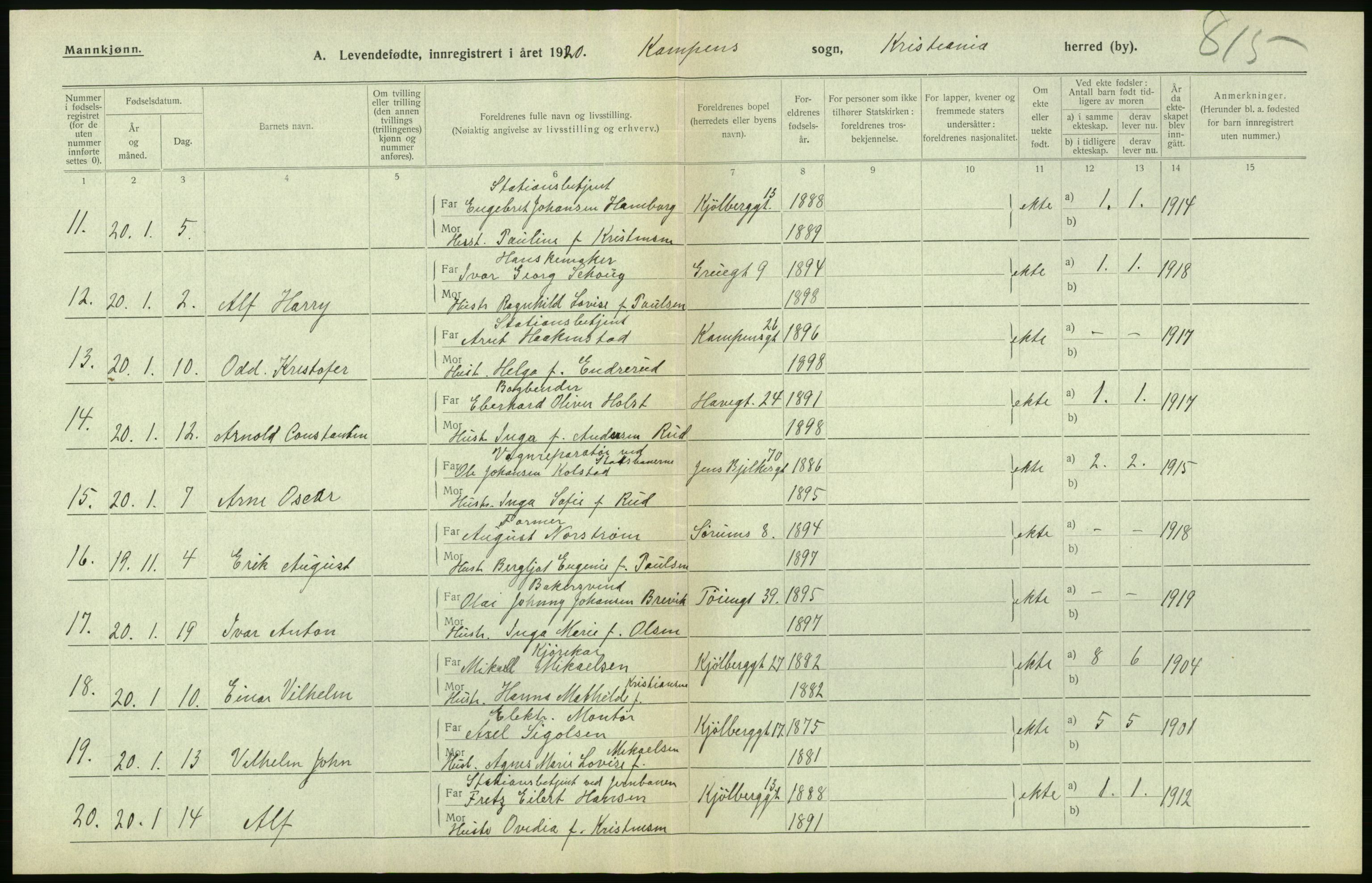 Statistisk sentralbyrå, Sosiodemografiske emner, Befolkning, RA/S-2228/D/Df/Dfb/Dfbj/L0008: Kristiania: Levendefødte menn og kvinner., 1920, s. 186