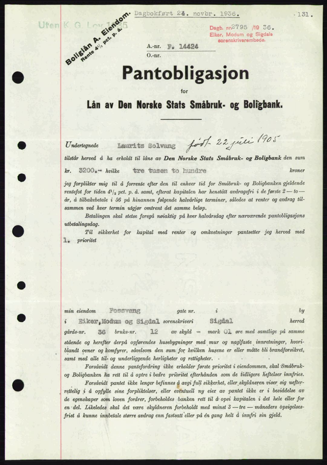 Eiker, Modum og Sigdal sorenskriveri, SAKO/A-123/G/Ga/Gab/L0034: Pantebok nr. A4, 1936-1937, Dagboknr: 2795/1936