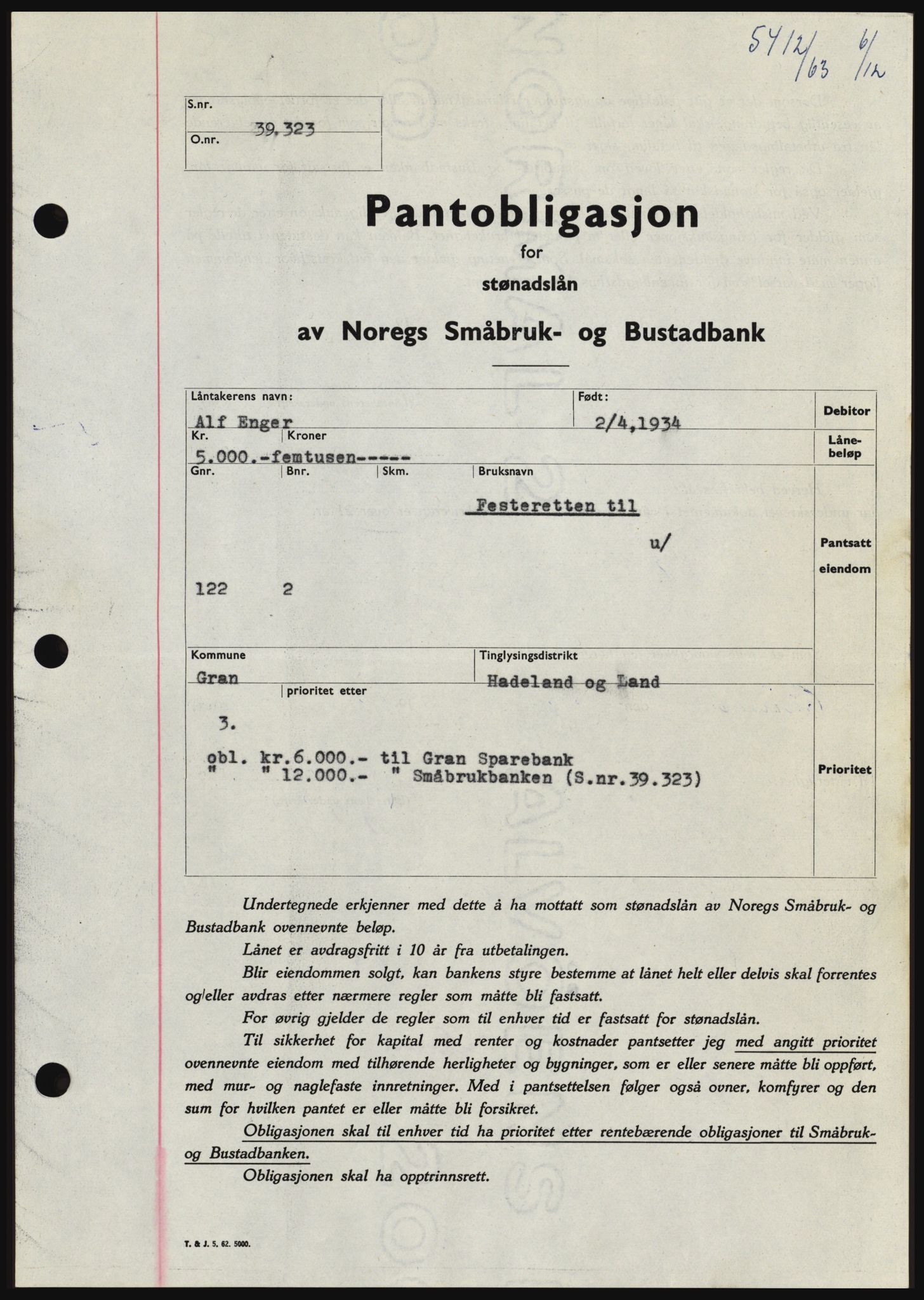 Hadeland og Land tingrett, SAH/TING-010/H/Hb/Hbc/L0053: Pantebok nr. B53, 1963-1964, Dagboknr: 5412/1963