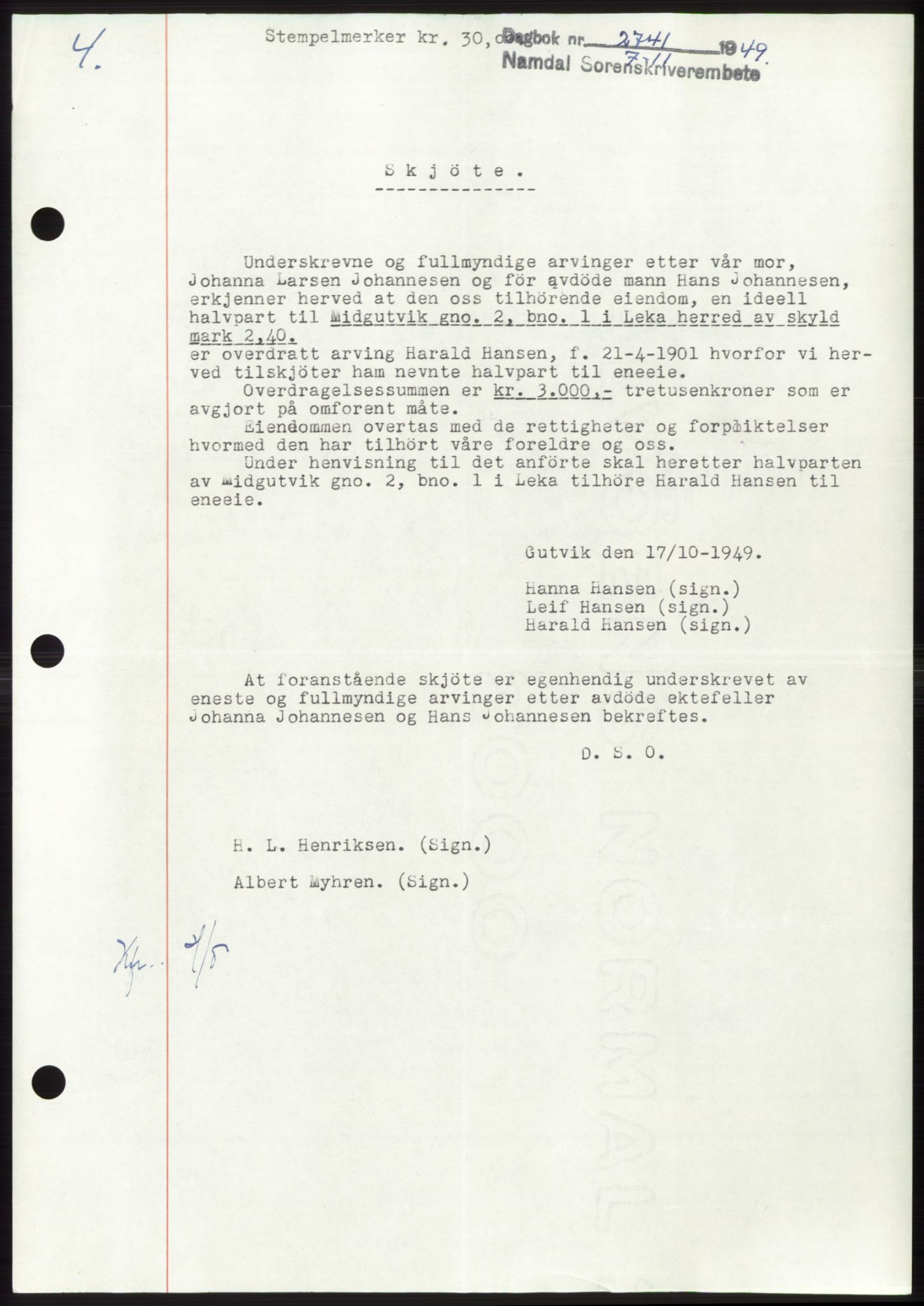 Namdal sorenskriveri, SAT/A-4133/1/2/2C: Pantebok nr. -, 1949-1949, Dagboknr: 2741/1949