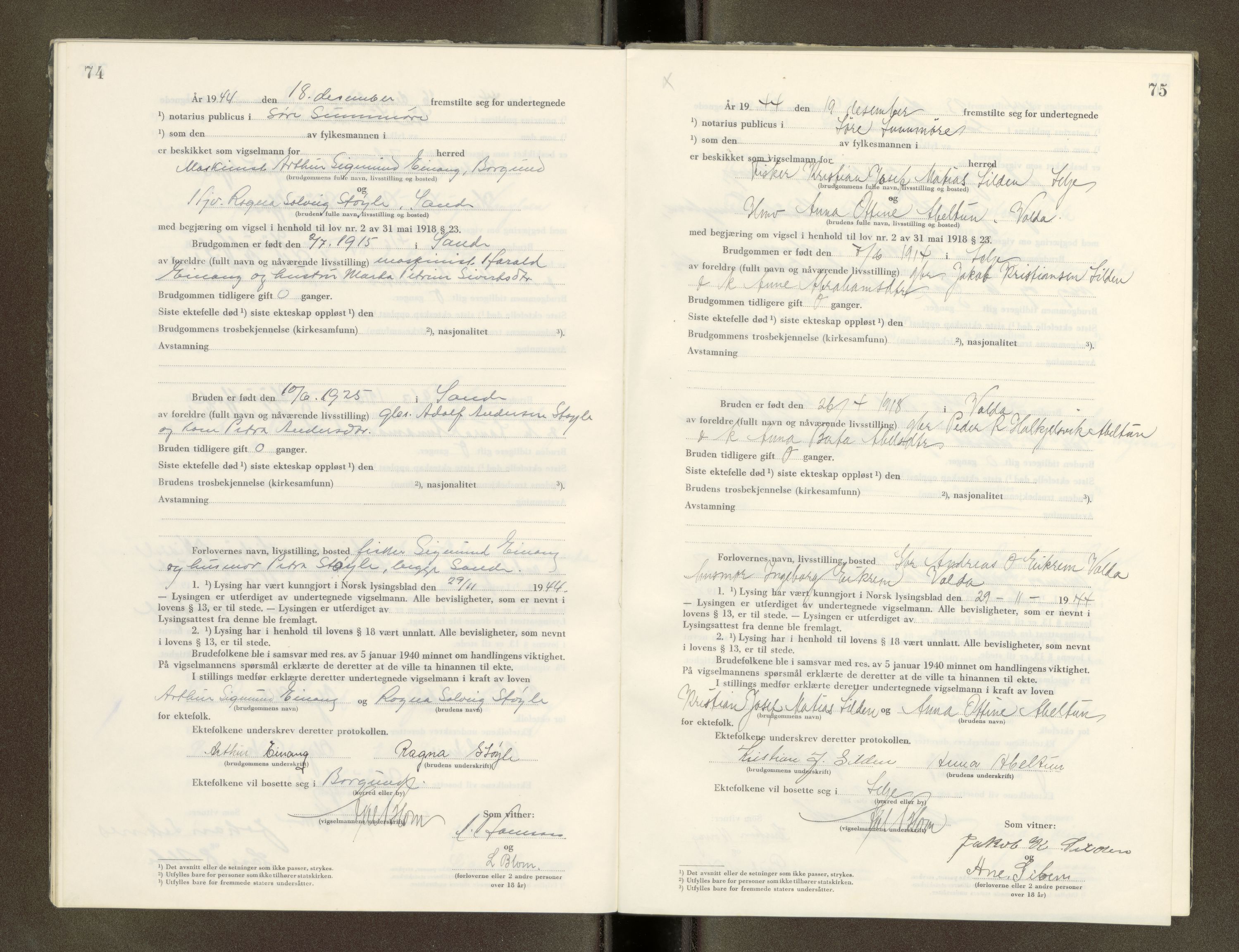Søre Sunnmøre sorenskriveri, AV/SAT-A-4122/1/6/6D/L0003: Vigselsbok, 1944-1966, s. 74-75
