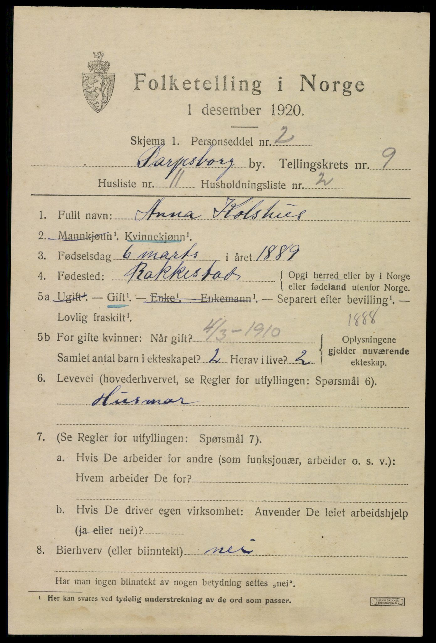 SAO, Folketelling 1920 for 0102 Sarpsborg kjøpstad, 1920, s. 19140