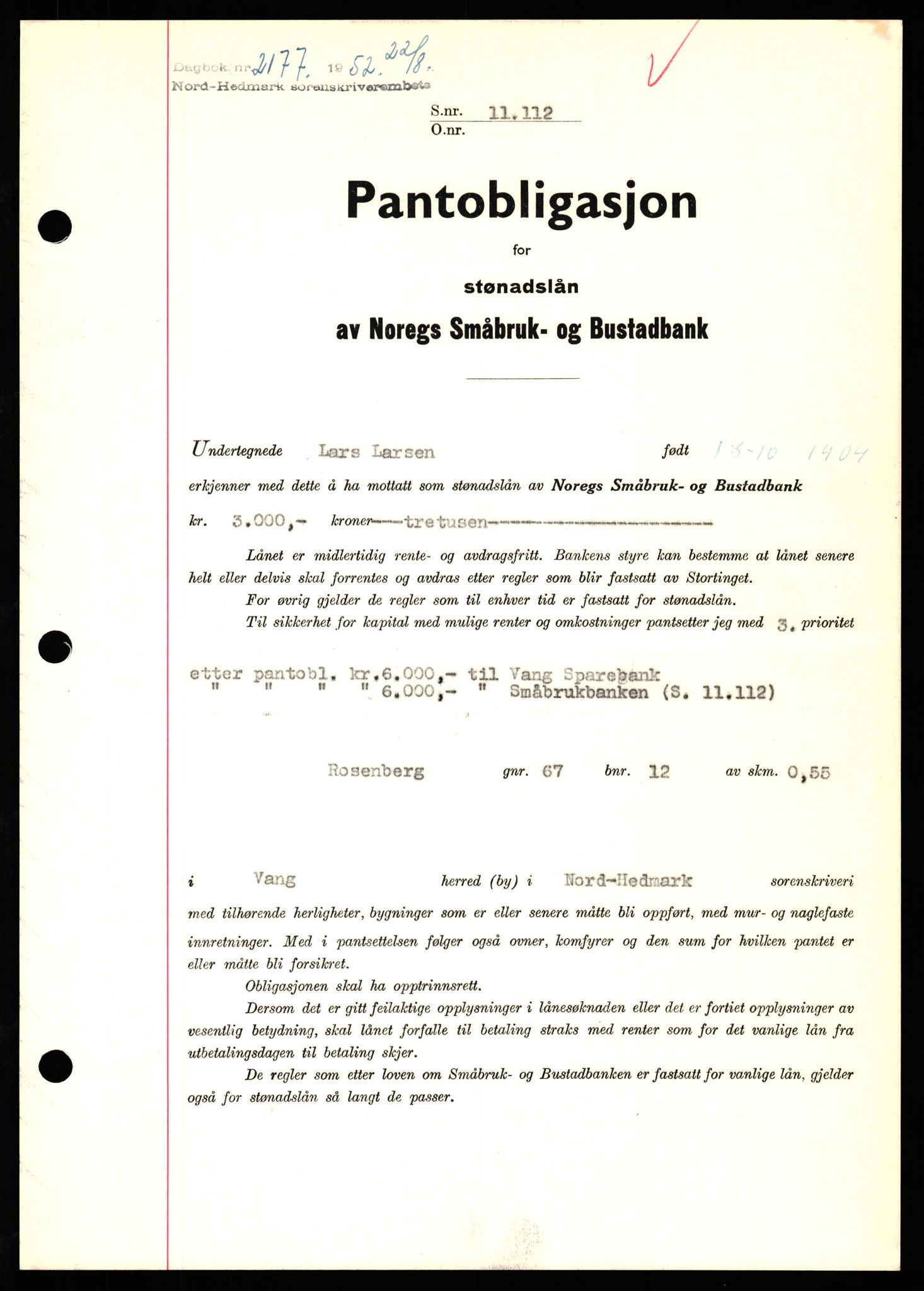 Nord-Hedmark sorenskriveri, SAH/TING-012/H/Hb/Hbf/L0025: Pantebok nr. B25, 1952-1952, Dagboknr: 2177/1952