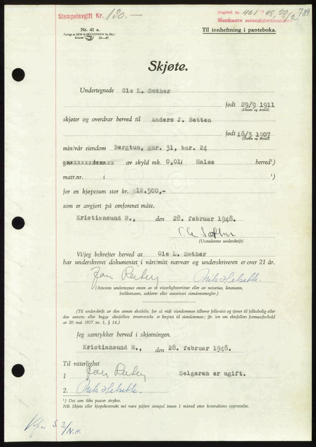 Nordmøre sorenskriveri, AV/SAT-A-4132/1/2/2Ca: Pantebok nr. A107, 1947-1948, Dagboknr: 461/1948