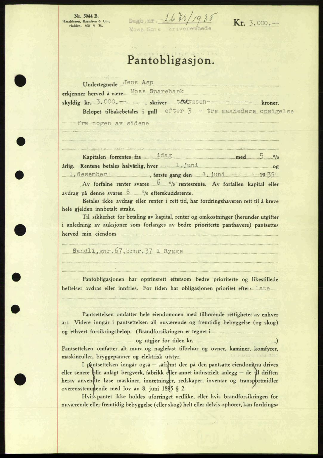 Moss sorenskriveri, SAO/A-10168: Pantebok nr. B6, 1938-1938, Dagboknr: 2673/1938