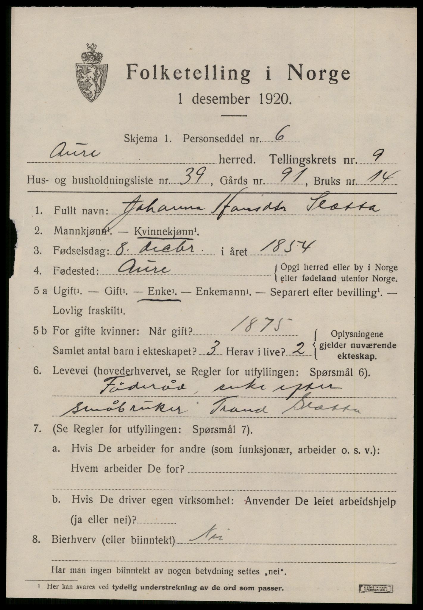 SAT, Folketelling 1920 for 1569 Aure herred, 1920, s. 3974