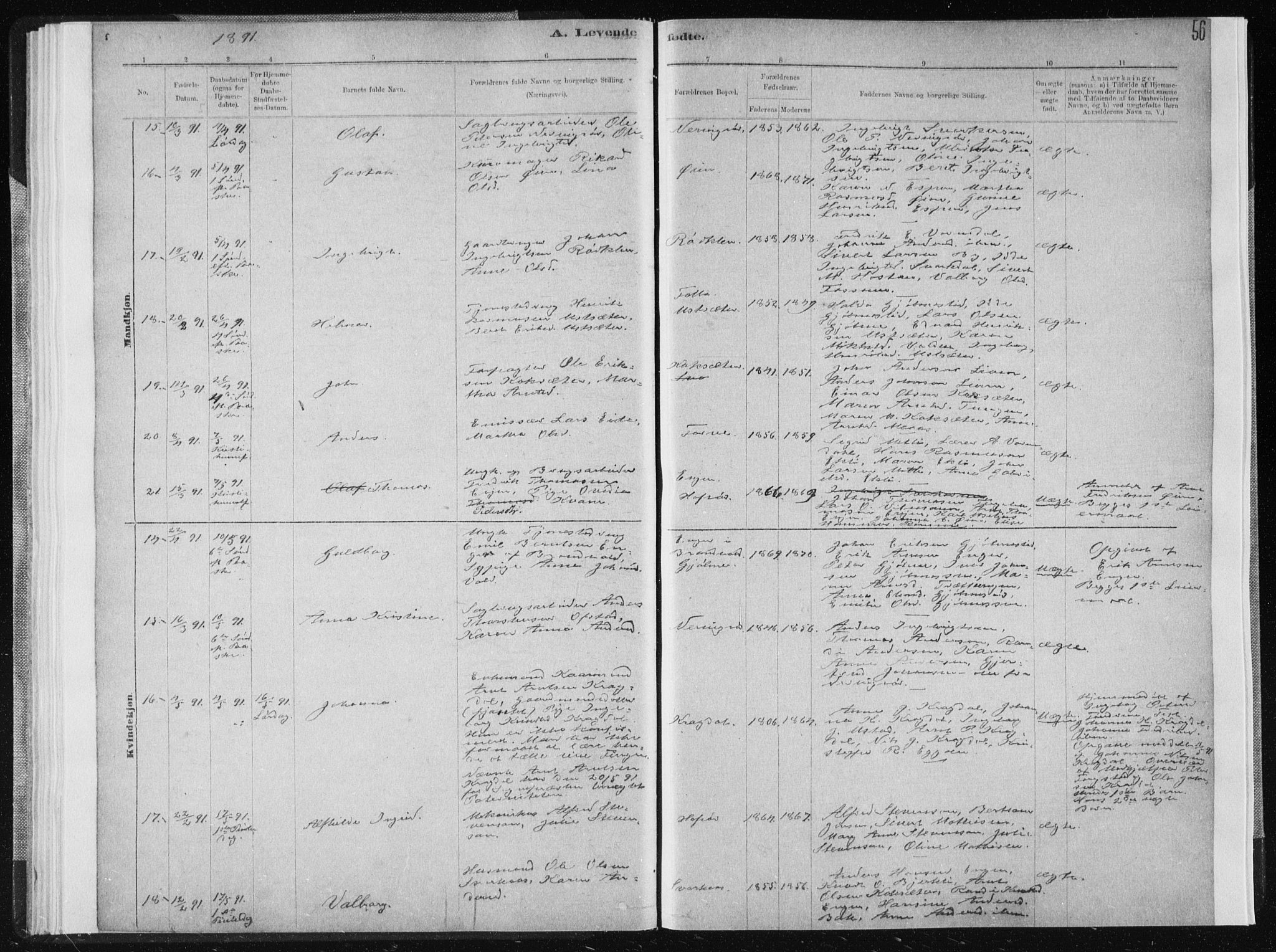 Ministerialprotokoller, klokkerbøker og fødselsregistre - Sør-Trøndelag, SAT/A-1456/668/L0818: Klokkerbok nr. 668C07, 1885-1898, s. 56