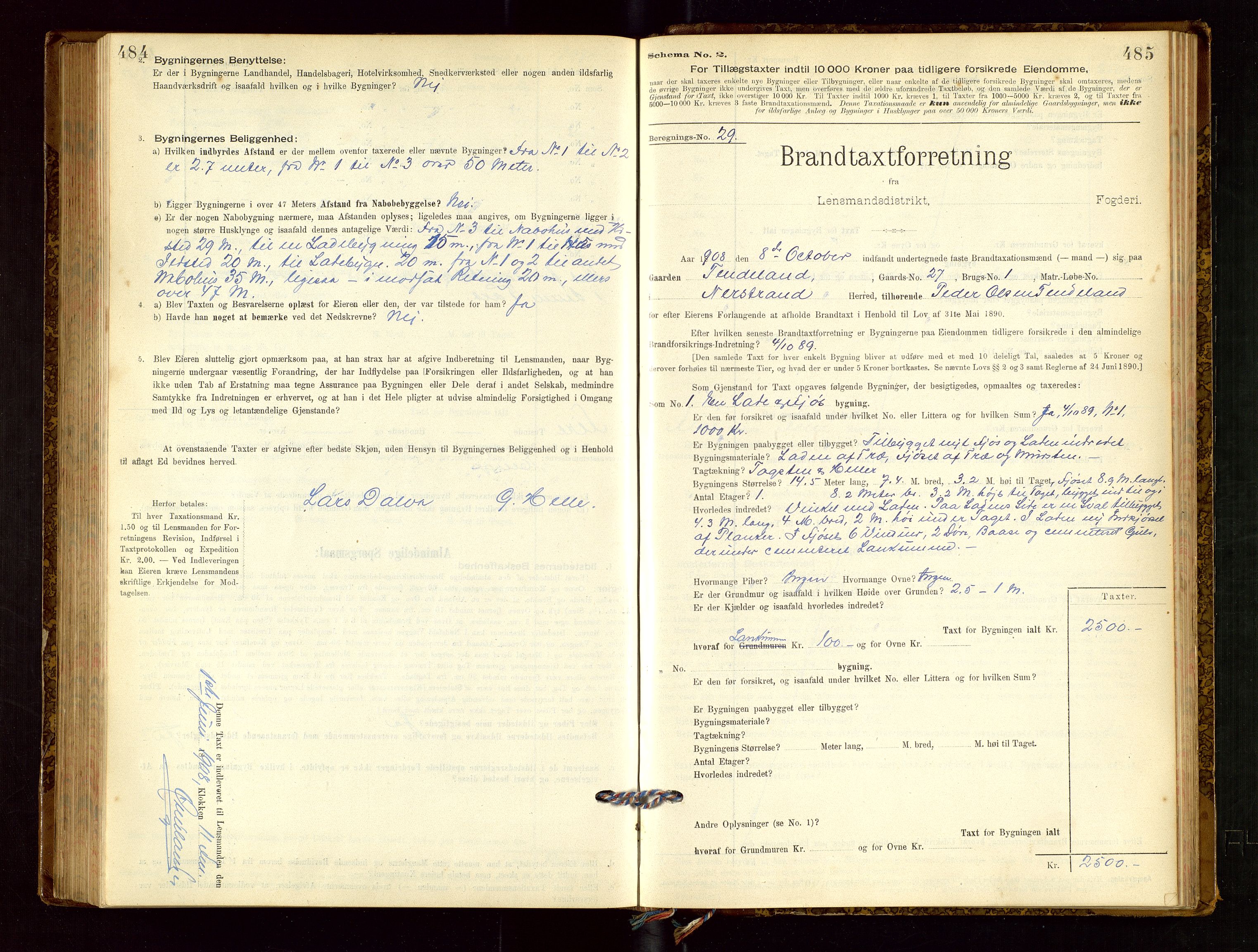 Nedstrand lensmannskontor, SAST/A-100236/Gob/L0001: "Brandtaxationsprotokol for Nerstrand Lensmandsdistrikt Ryfylke fogderi", 1895-1915, s. 484-485