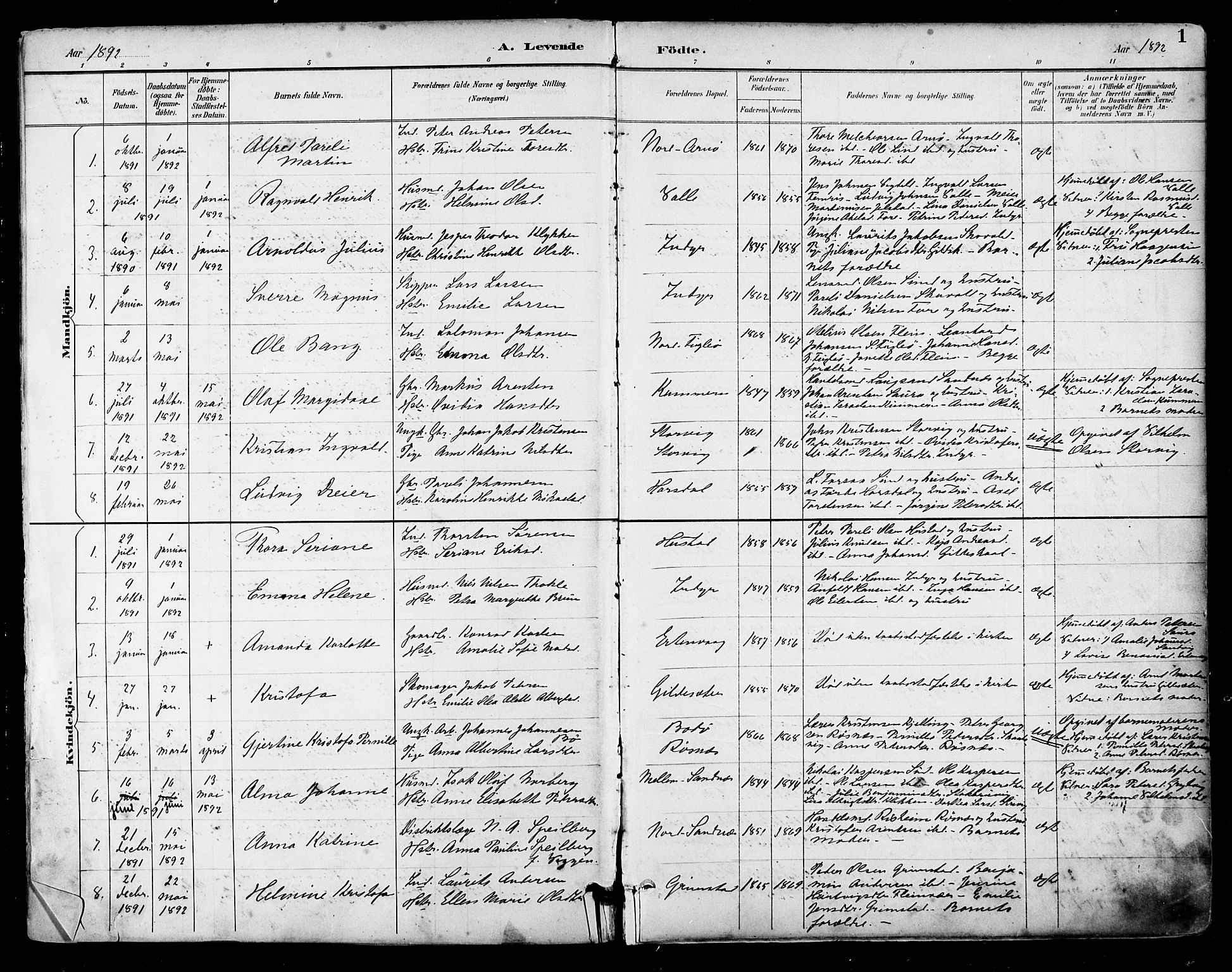 Ministerialprotokoller, klokkerbøker og fødselsregistre - Nordland, AV/SAT-A-1459/805/L0101: Ministerialbok nr. 805A07, 1892-1899, s. 1