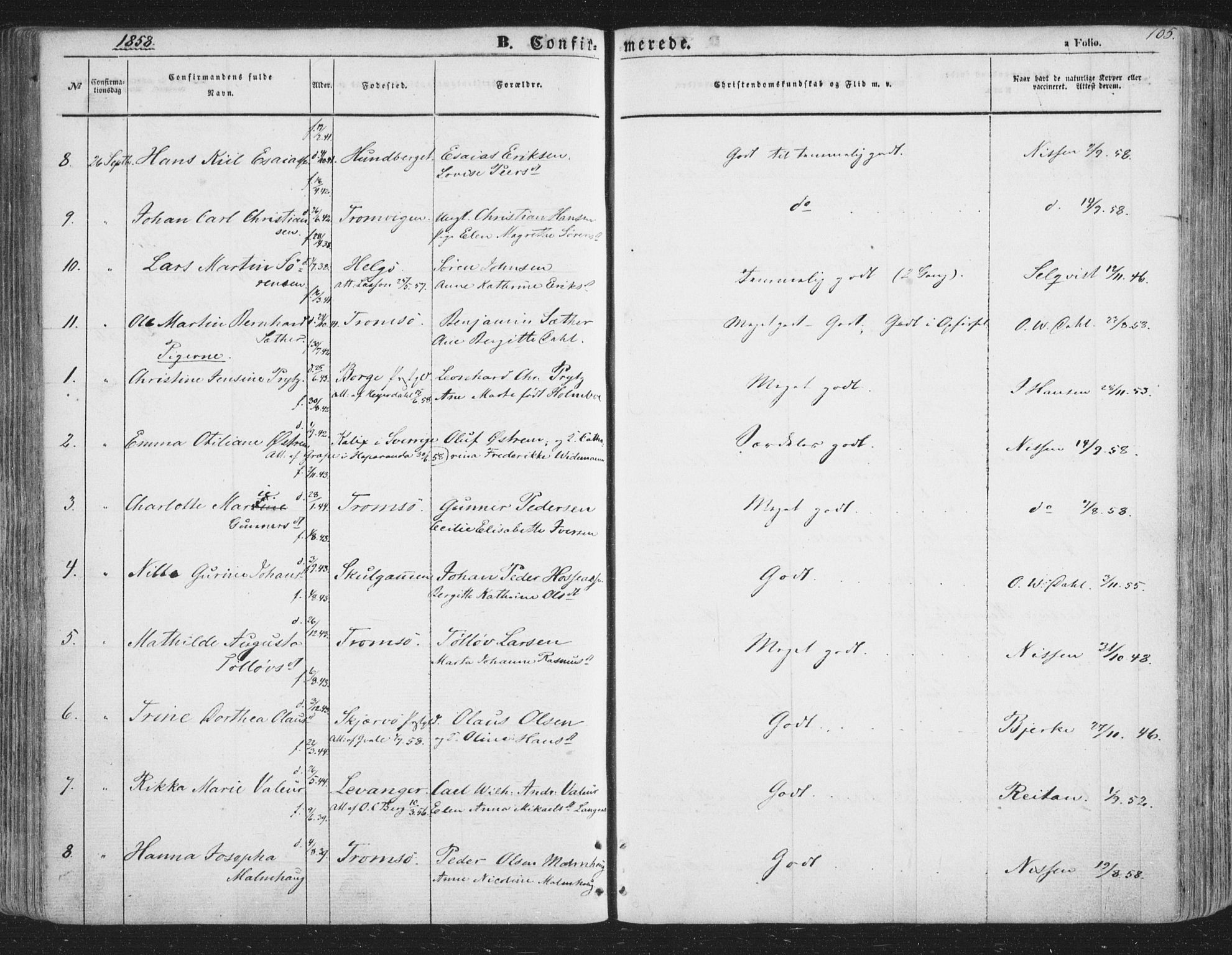 Tromsø sokneprestkontor/stiftsprosti/domprosti, AV/SATØ-S-1343/G/Ga/L0011kirke: Ministerialbok nr. 11, 1856-1865, s. 105