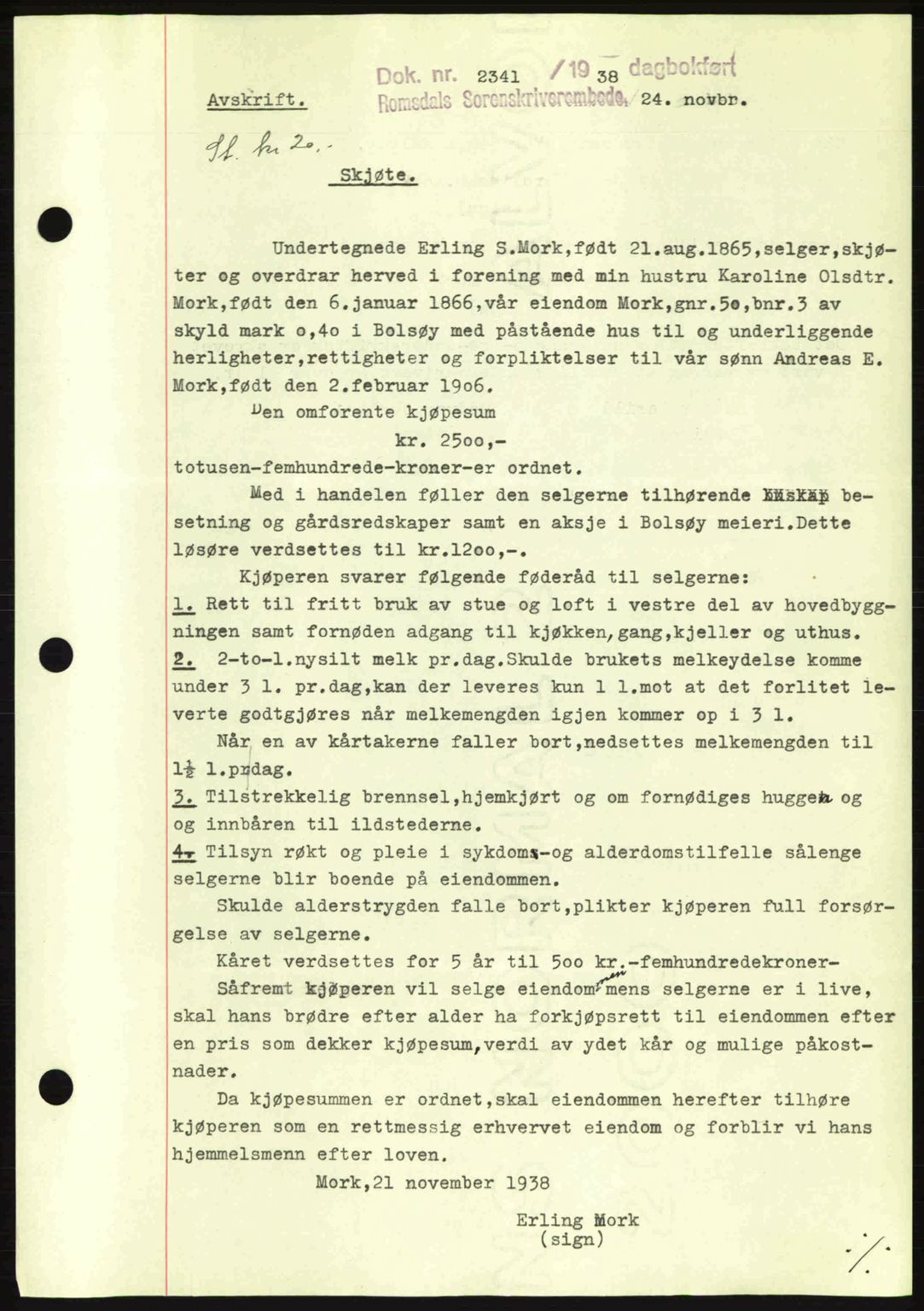 Romsdal sorenskriveri, SAT/A-4149/1/2/2C: Pantebok nr. A5, 1938-1938, Dagboknr: 2341/1938