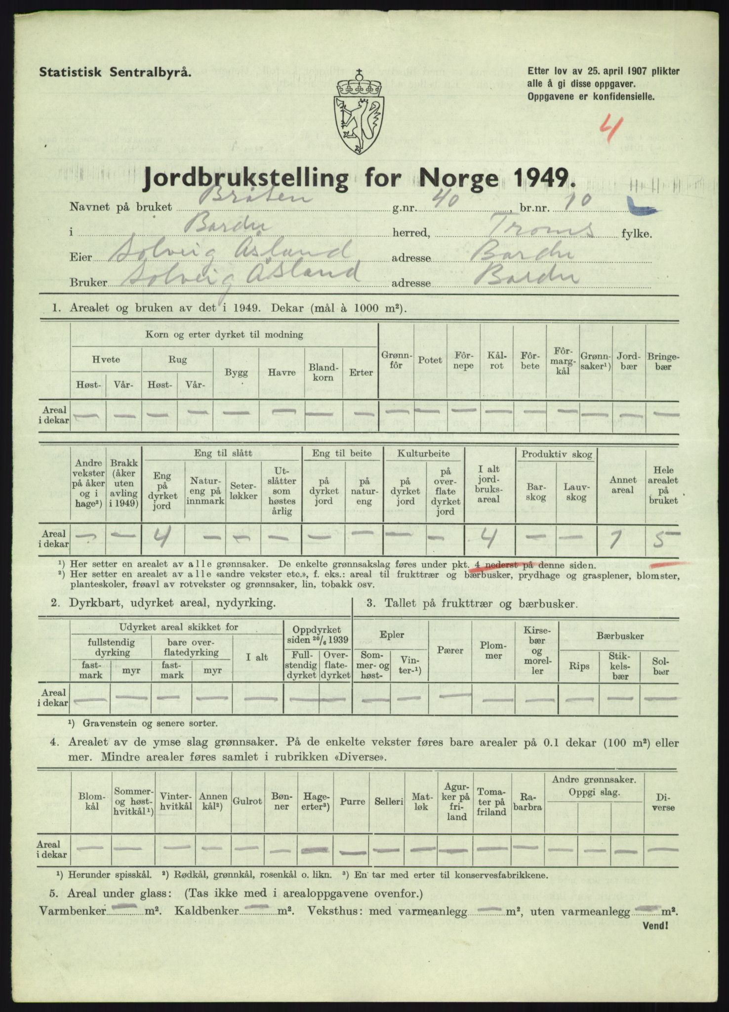 Statistisk sentralbyrå, Næringsøkonomiske emner, Jordbruk, skogbruk, jakt, fiske og fangst, AV/RA-S-2234/G/Gc/L0438: Troms: Salangen og Bardu, 1949, s. 935