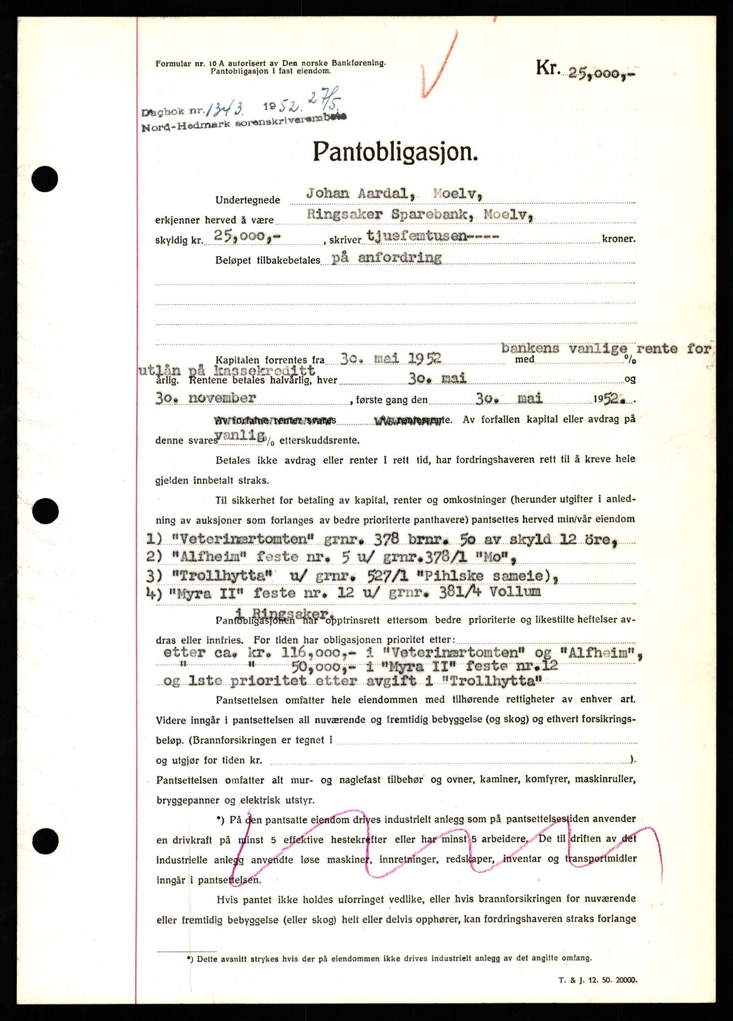 Nord-Hedmark sorenskriveri, SAH/TING-012/H/Hb/Hbf/L0025: Pantebok nr. B25, 1952-1952, Dagboknr: 1343/1952