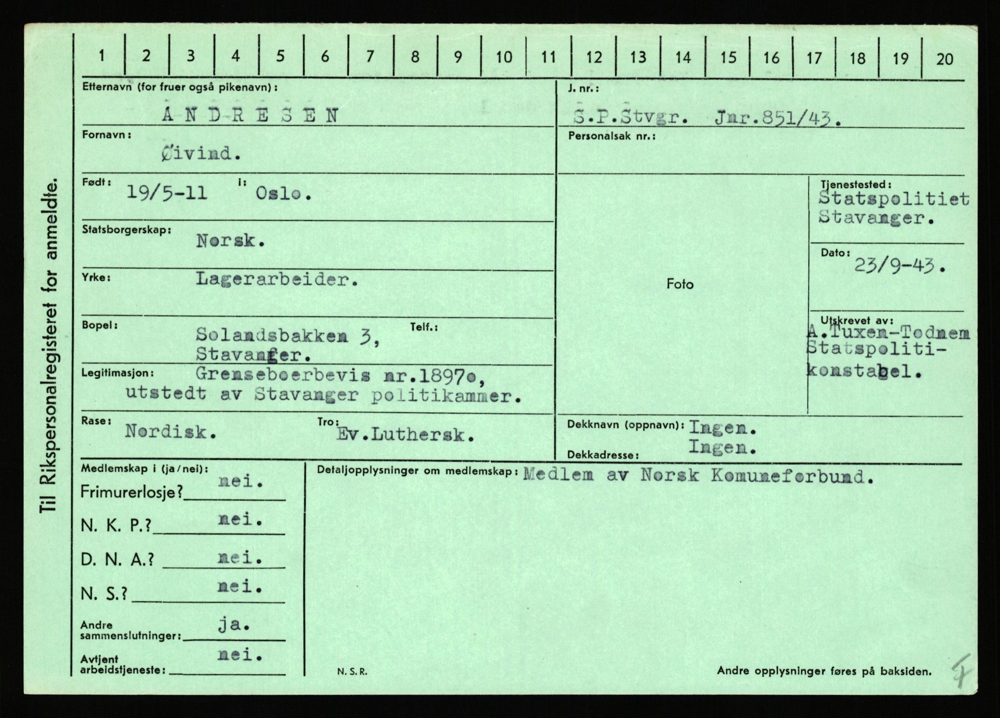 Statspolitiet - Hovedkontoret / Osloavdelingen, AV/RA-S-1329/C/Ca/L0001: Aabakken - Armann, 1943-1945, s. 4307