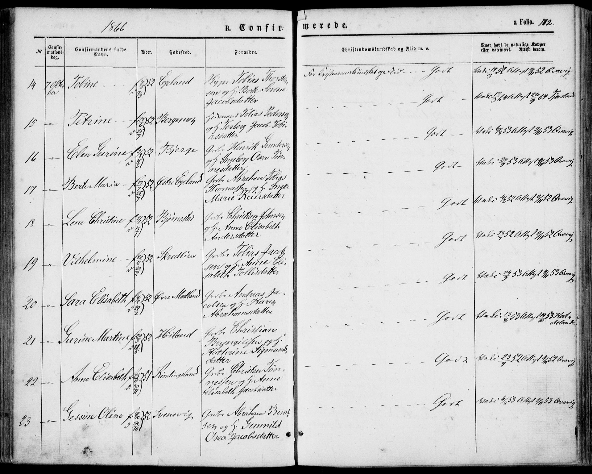 Lyngdal sokneprestkontor, AV/SAK-1111-0029/F/Fa/Fac/L0010: Ministerialbok nr. A 10, 1865-1878, s. 172