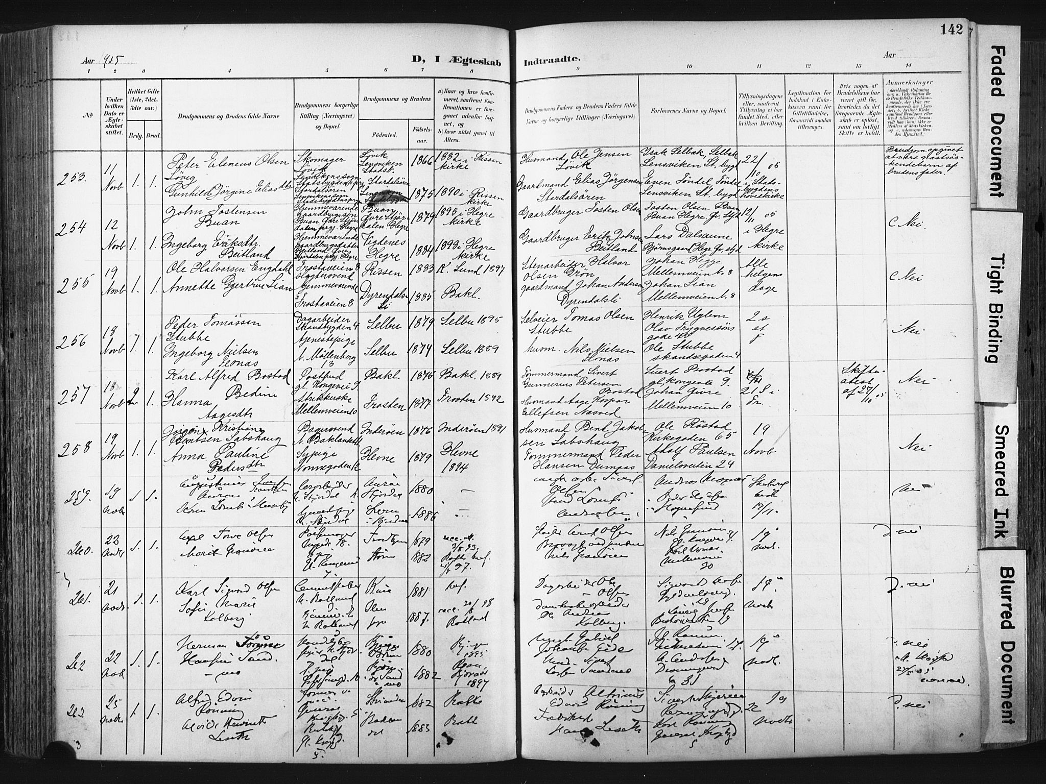 Ministerialprotokoller, klokkerbøker og fødselsregistre - Sør-Trøndelag, SAT/A-1456/604/L0201: Ministerialbok nr. 604A21, 1901-1911, s. 142