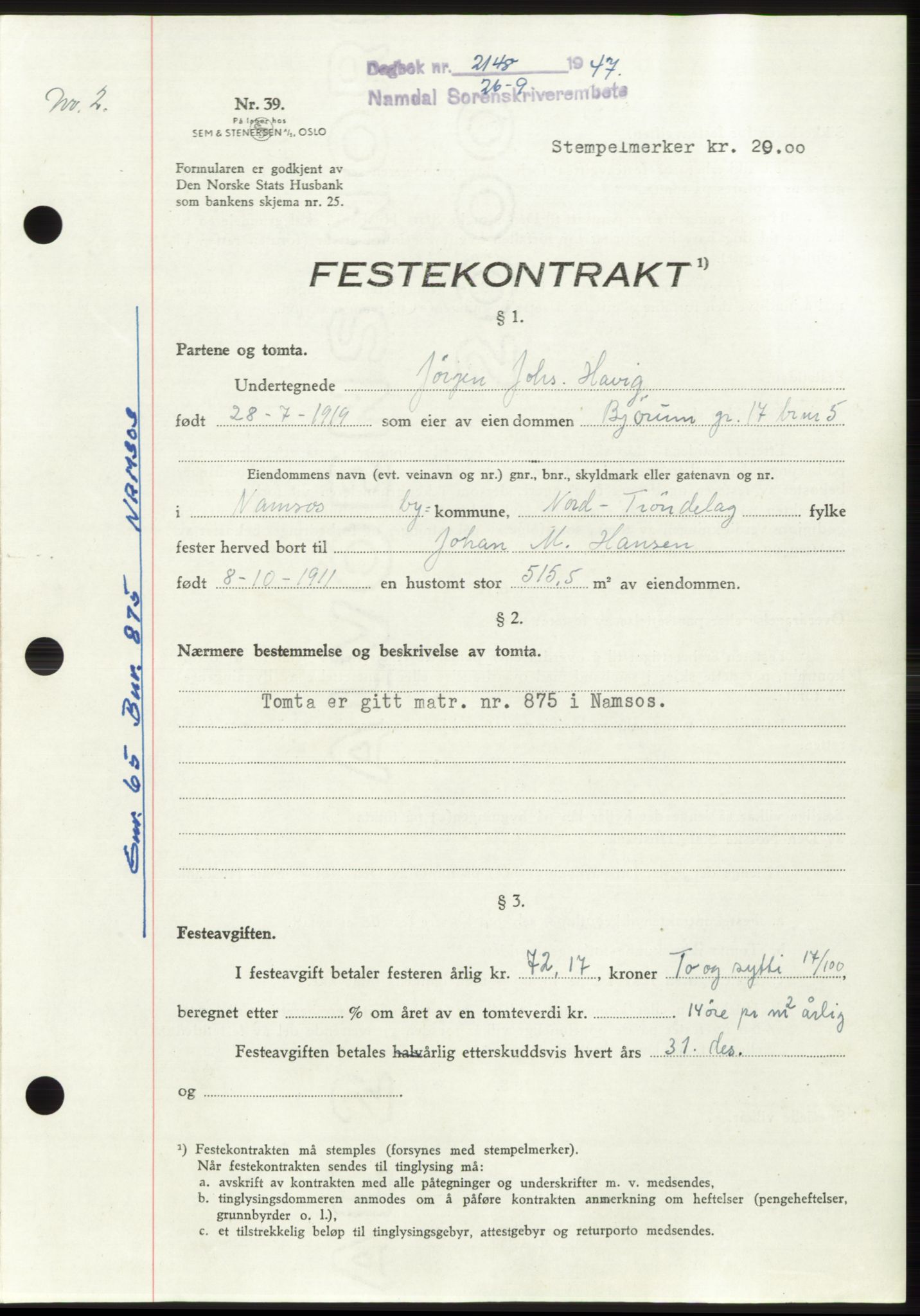 Namdal sorenskriveri, SAT/A-4133/1/2/2C: Pantebok nr. -, 1947-1947, Dagboknr: 2148/1947