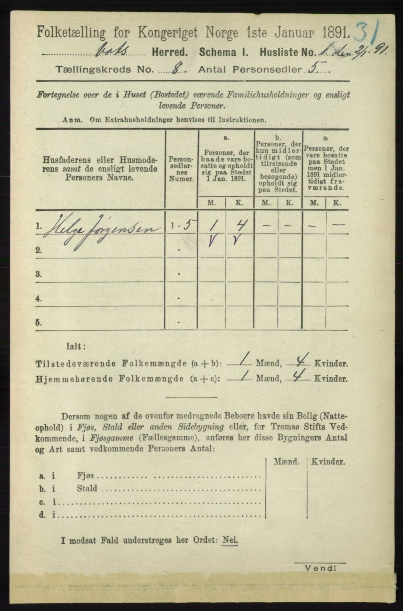 RA, Folketelling 1891 for 1155 Vats herred, 1891, s. 1301