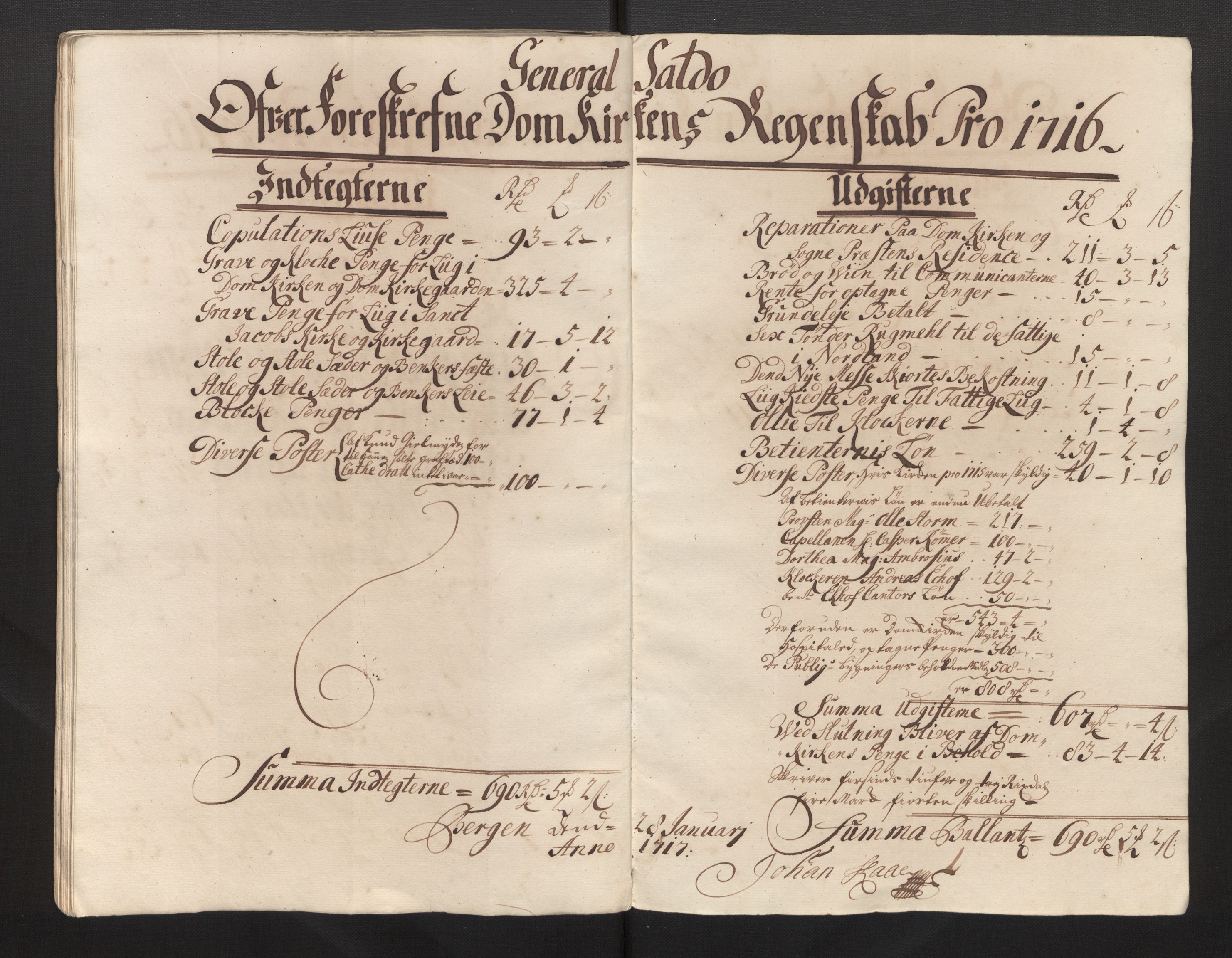 Stiftamtmannen i Bergen, AV/SAB-A-100006/F/Fb/Fbb/0001 / Lnr. 1737 - Domkirken: Rekneskapar, 1706-1721