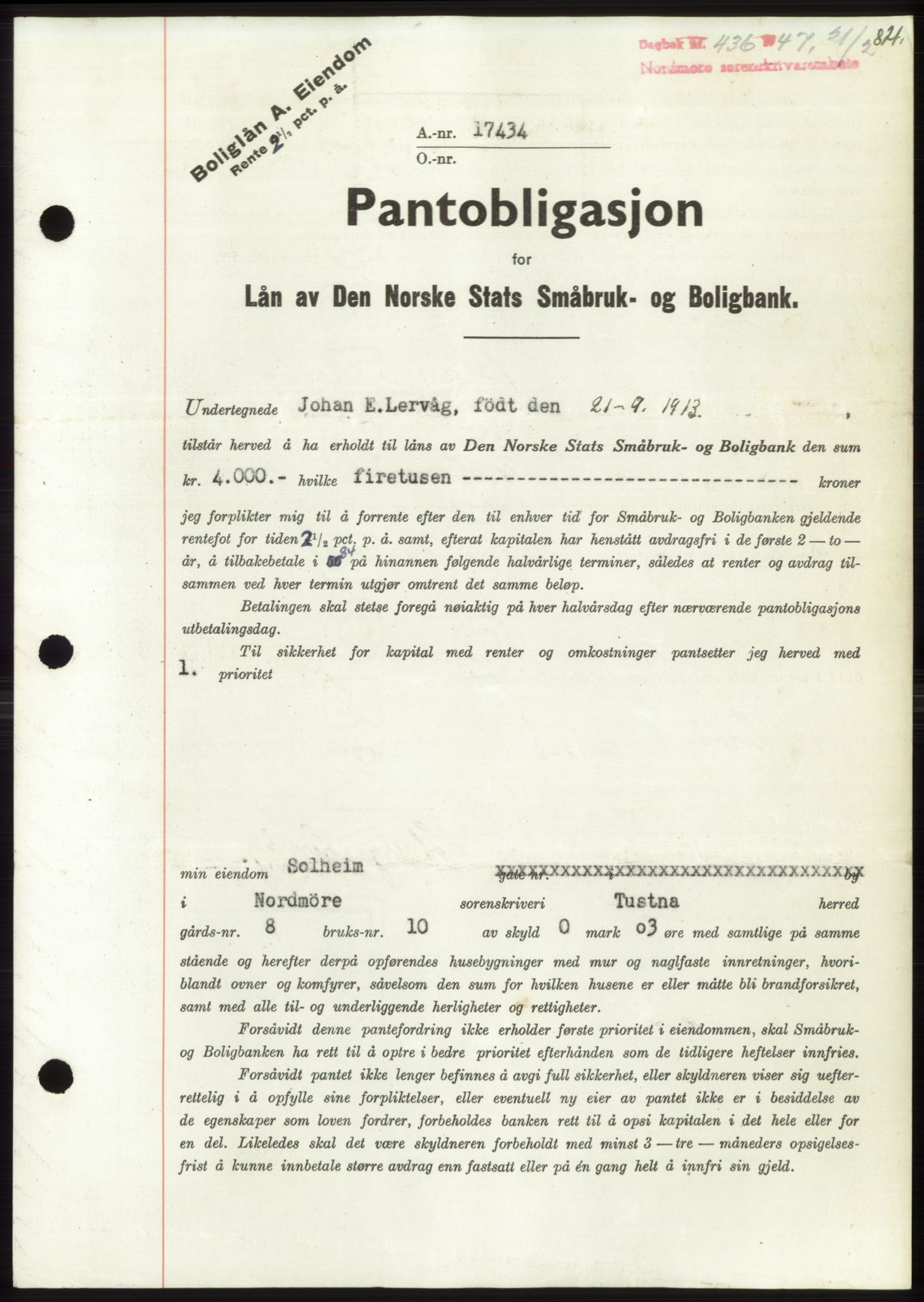 Nordmøre sorenskriveri, SAT/A-4132/1/2/2Ca: Pantebok nr. B95, 1946-1947, Dagboknr: 436/1947