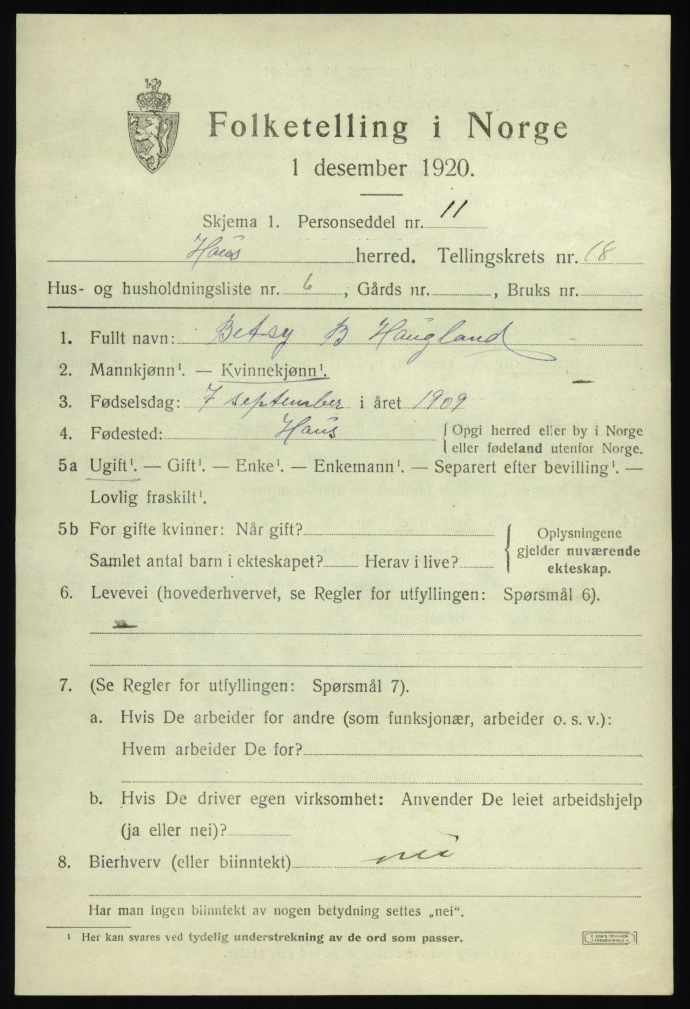 SAB, Folketelling 1920 for 1250 Haus herred, 1920, s. 11920
