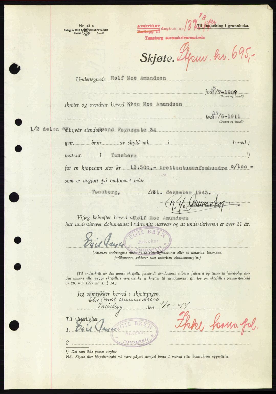 Tønsberg sorenskriveri, AV/SAKO-A-130/G/Ga/Gaa/L0014: Pantebok nr. A14, 1943-1944, Dagboknr: 137/1944