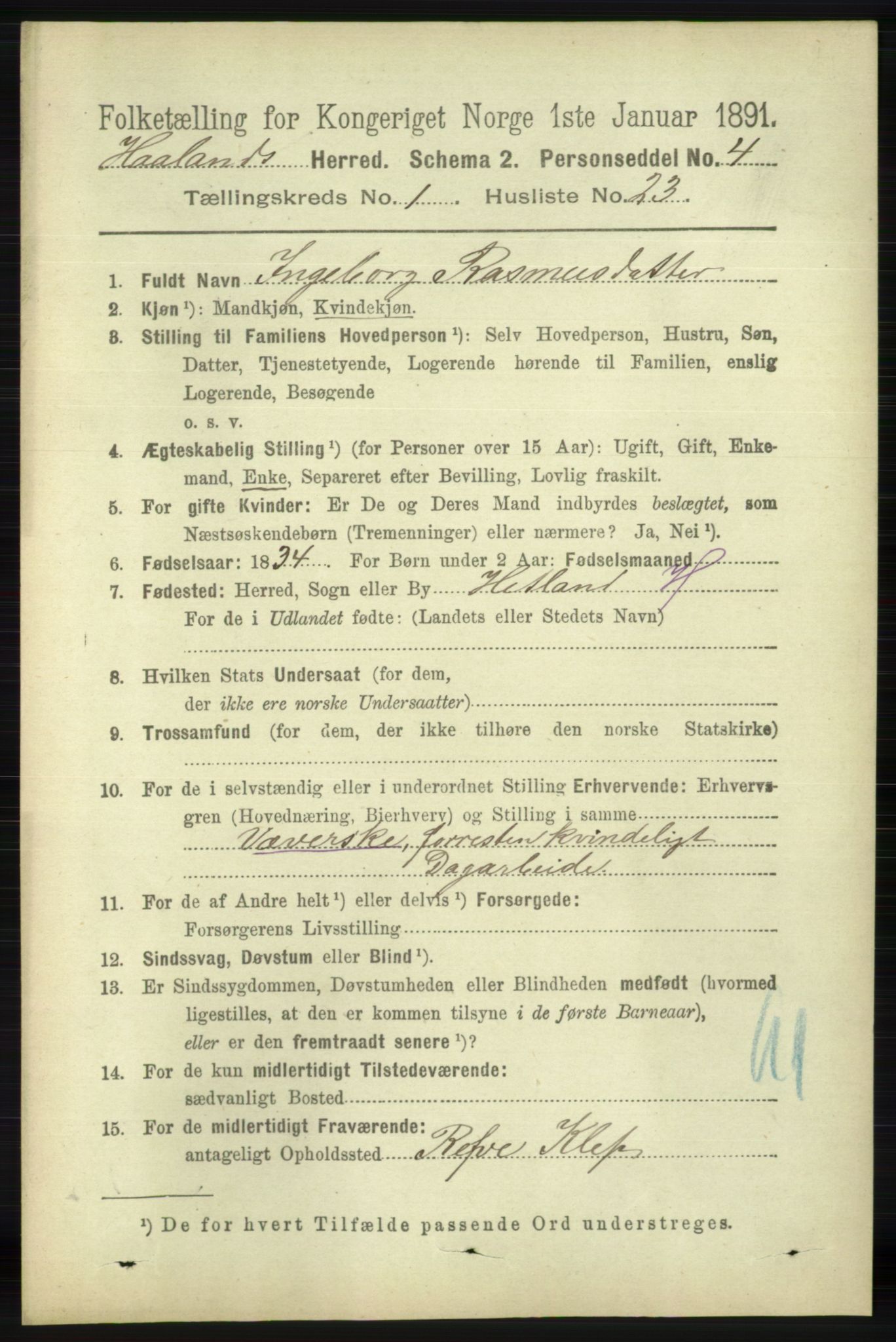 RA, Folketelling 1891 for 1124 Haaland herred, 1891, s. 277