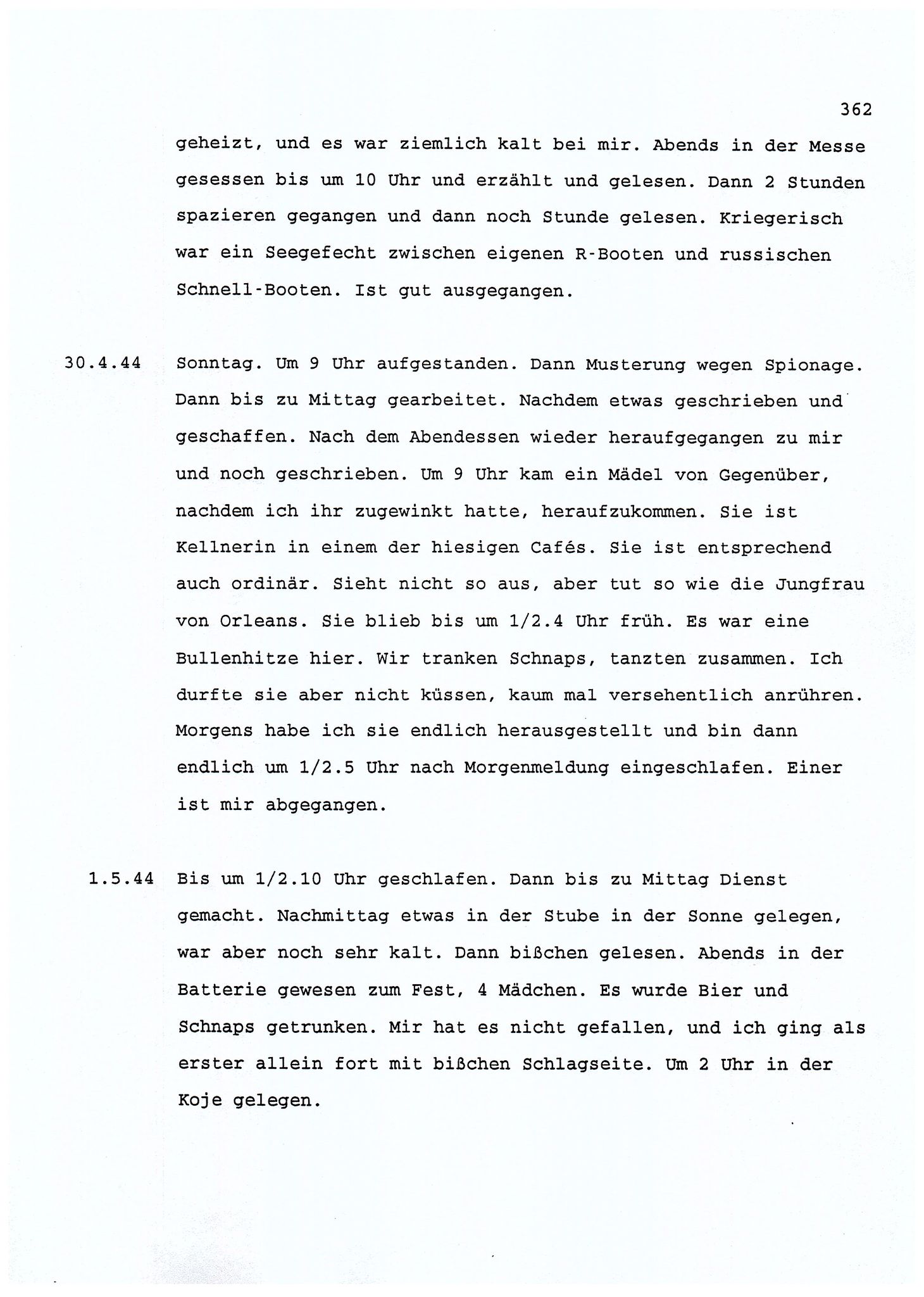 Dagbokopptegnelser av en tysk marineoffiser stasjonert i Norge , FMFB/A-1160/F/L0001: Dagbokopptegnelser av en tysk marineoffiser stasjonert i Norge, 1941-1944, s. 362