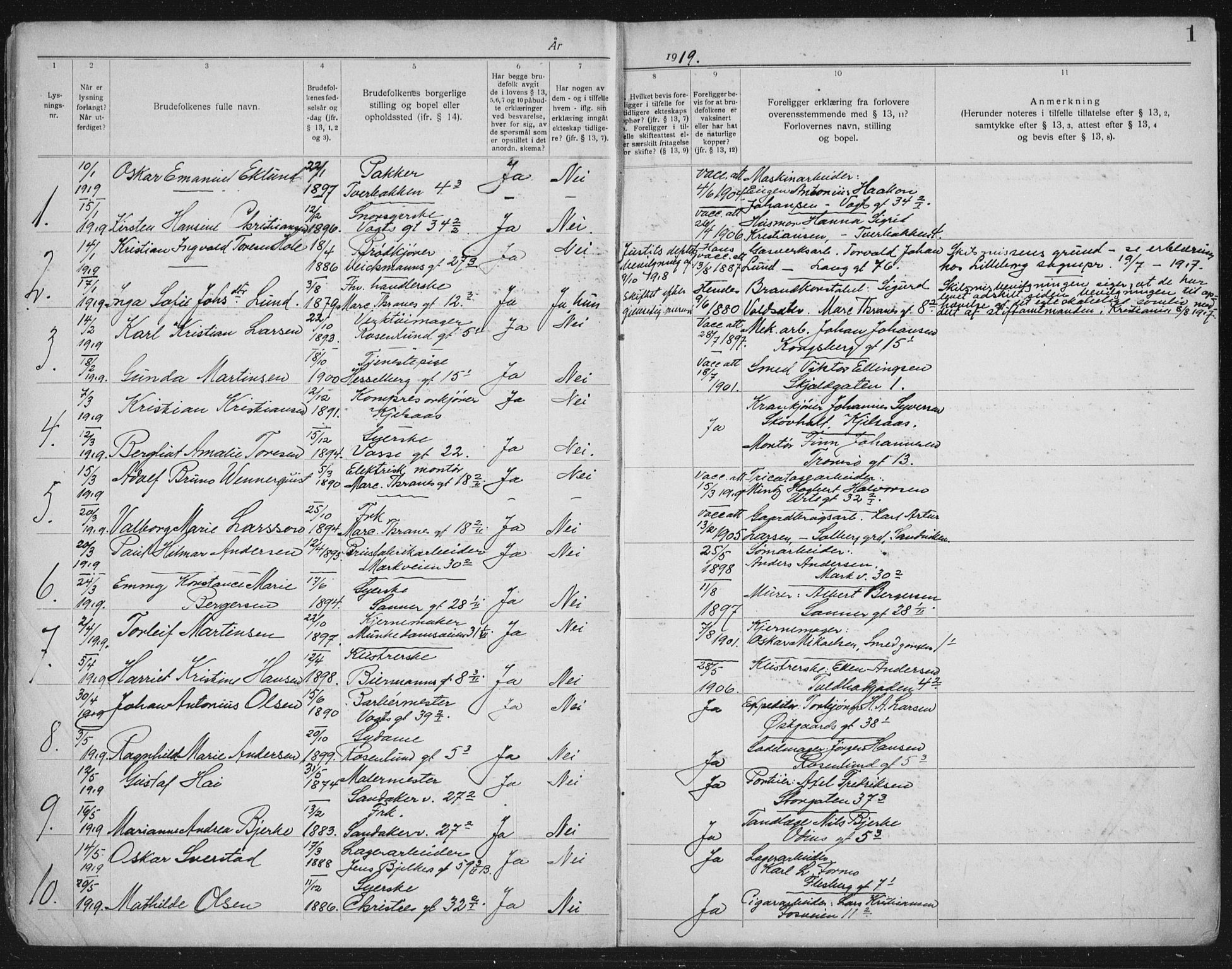 Lilleborg prestekontor Kirkebøker, AV/SAO-A-10343a/H/L0002: Lysningsprotokoll nr. 2, 1919-1940, s. 1