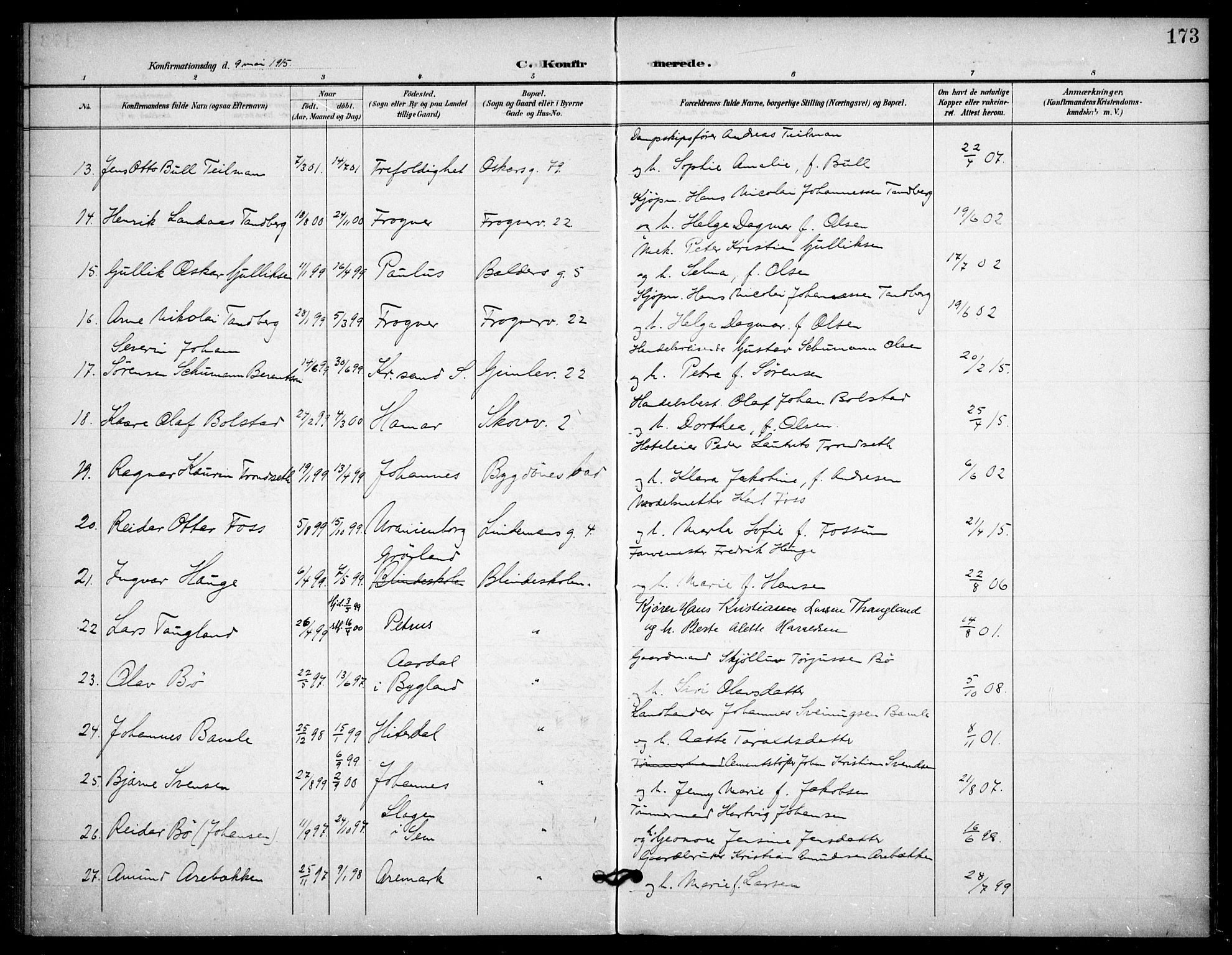 Frogner prestekontor Kirkebøker, AV/SAO-A-10886/F/Fa/L0001: Ministerialbok nr. 1, 1898-1916, s. 173