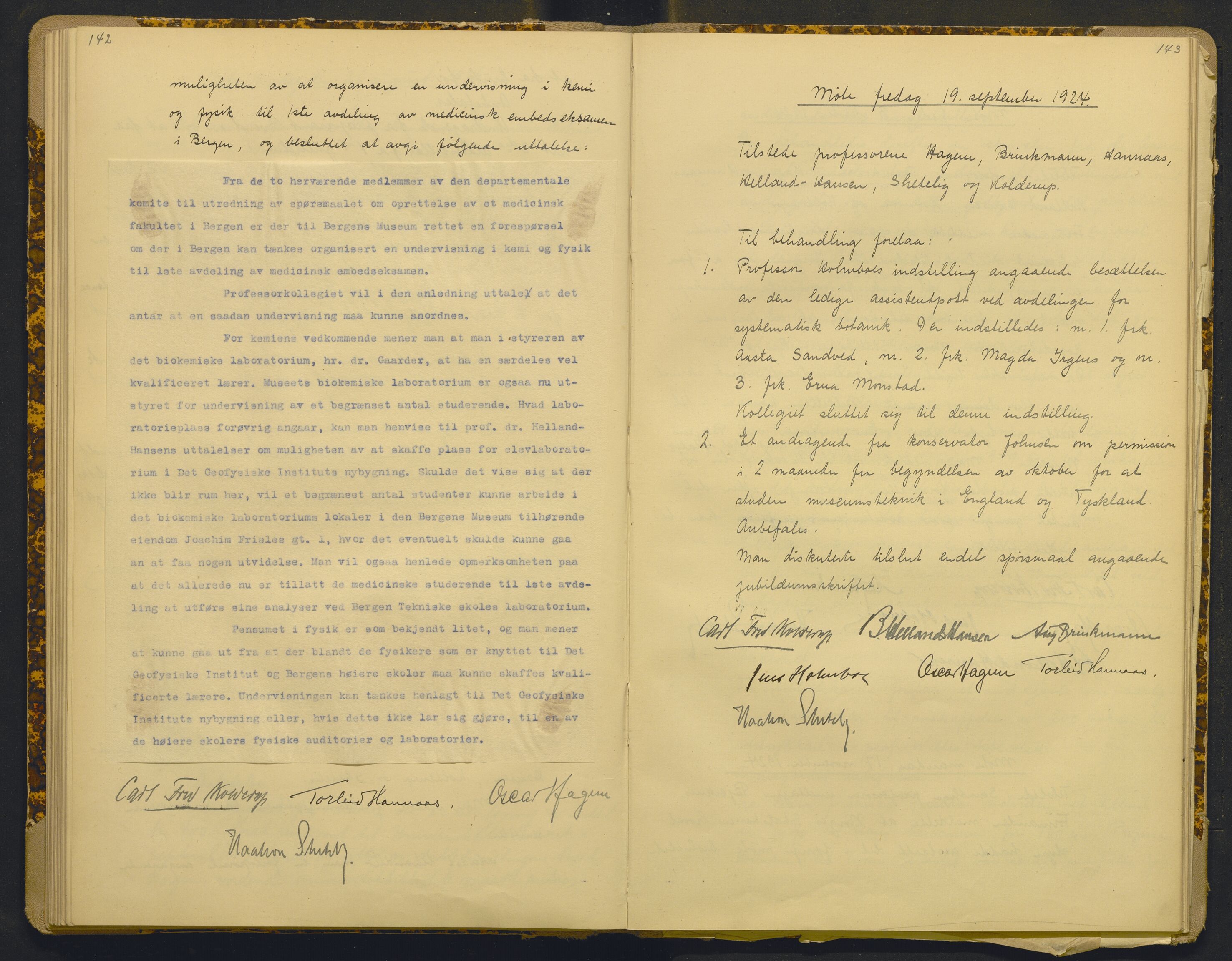 Bergens Museum, AV/SAB-A-17301/18/A/L0001: Bestyrerkollegiets forhandlingsprotokoll med register , 1907-1927, s. 142-143