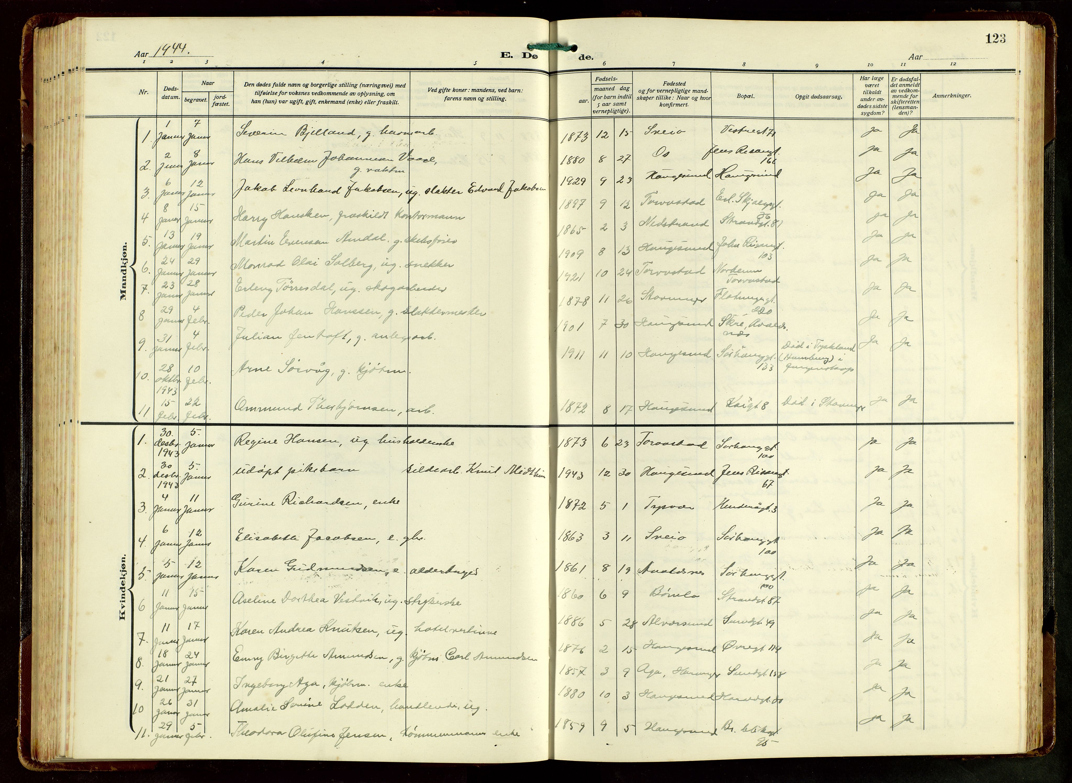 Haugesund sokneprestkontor, SAST/A -101863/H/Ha/Hab/L0012: Klokkerbok nr. B 12, 1930-1958, s. 123