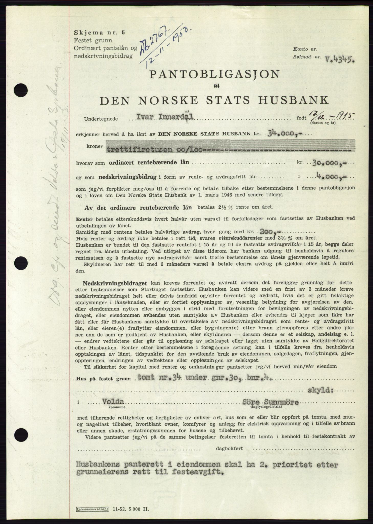 Søre Sunnmøre sorenskriveri, AV/SAT-A-4122/1/2/2C/L0124: Pantebok nr. 12B, 1953-1954, Dagboknr: 2767/1953