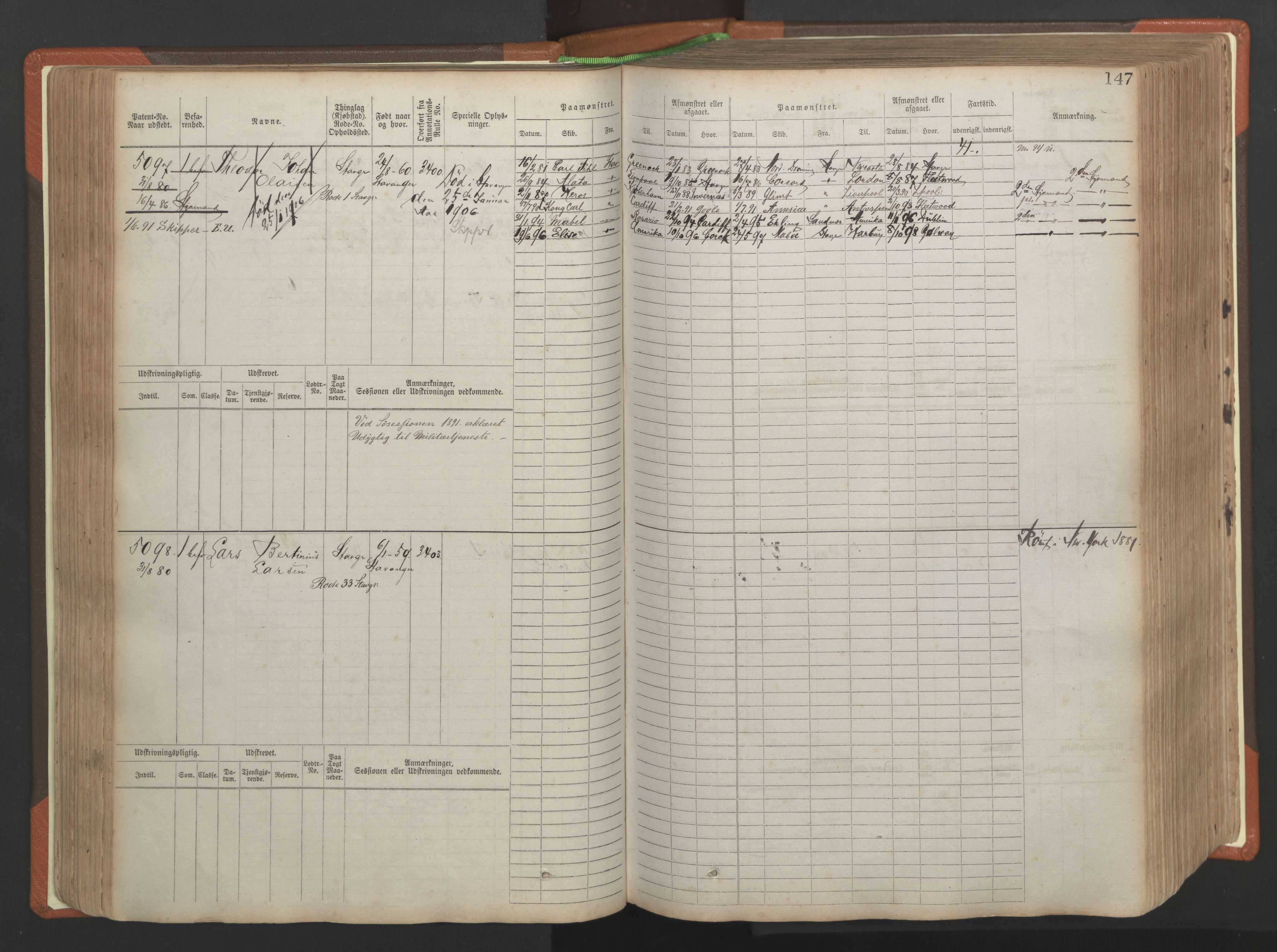 Stavanger sjømannskontor, AV/SAST-A-102006/F/Fb/Fbb/L0009: Sjøfartshovedrulle, patentnr. 4805-6006, 1879-1887, s. 153