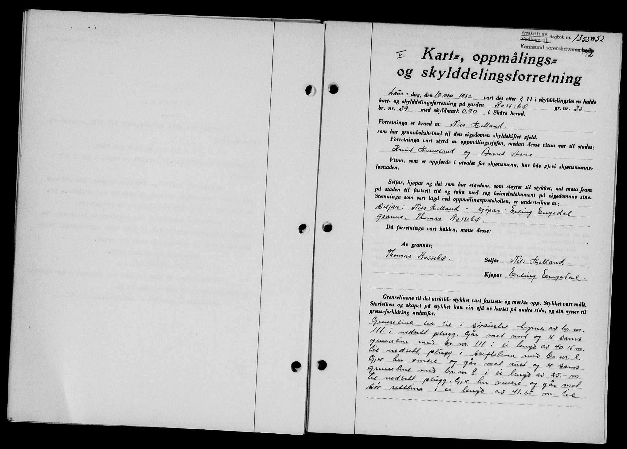 Karmsund sorenskriveri, SAST/A-100311/01/II/IIB/L0105: Pantebok nr. 85A, 1952-1952, Dagboknr: 1353/1952