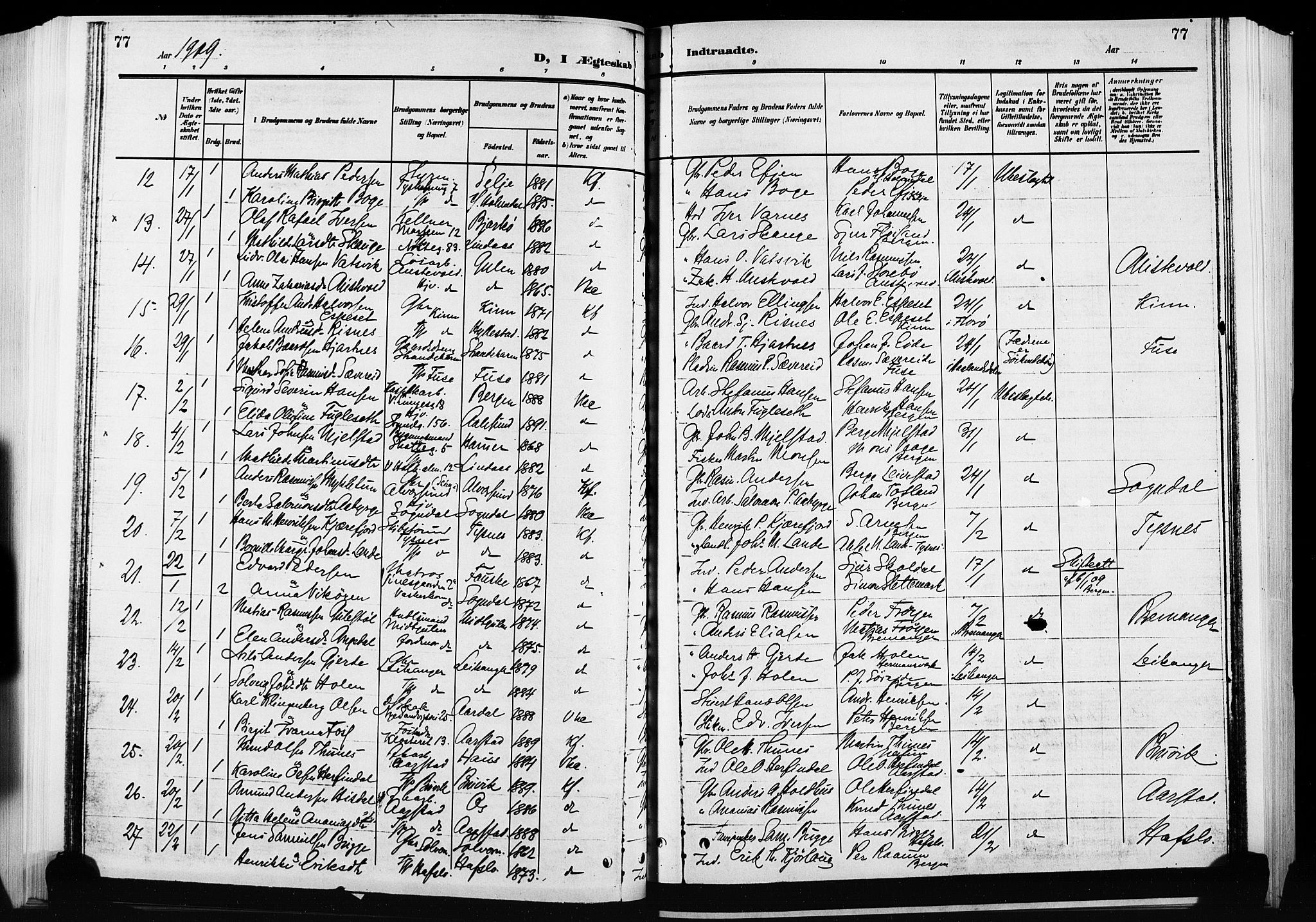 Nykirken Sokneprestembete, AV/SAB-A-77101/H/Hab: Klokkerbok nr. D 3, 1905-1913, s. 77